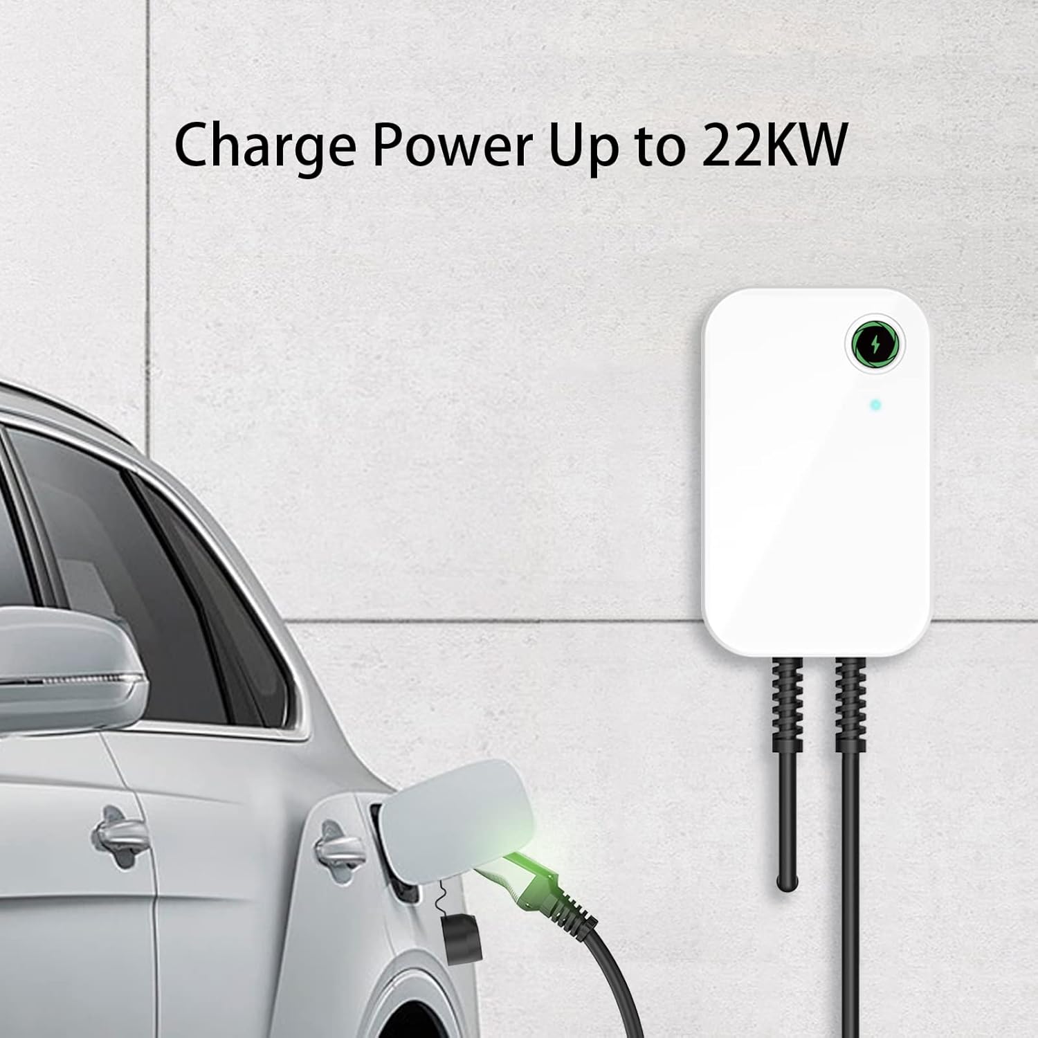 WISSENERGY EV Charger connected to an electric car, indicating 'Charge Power Up to 22KW'.