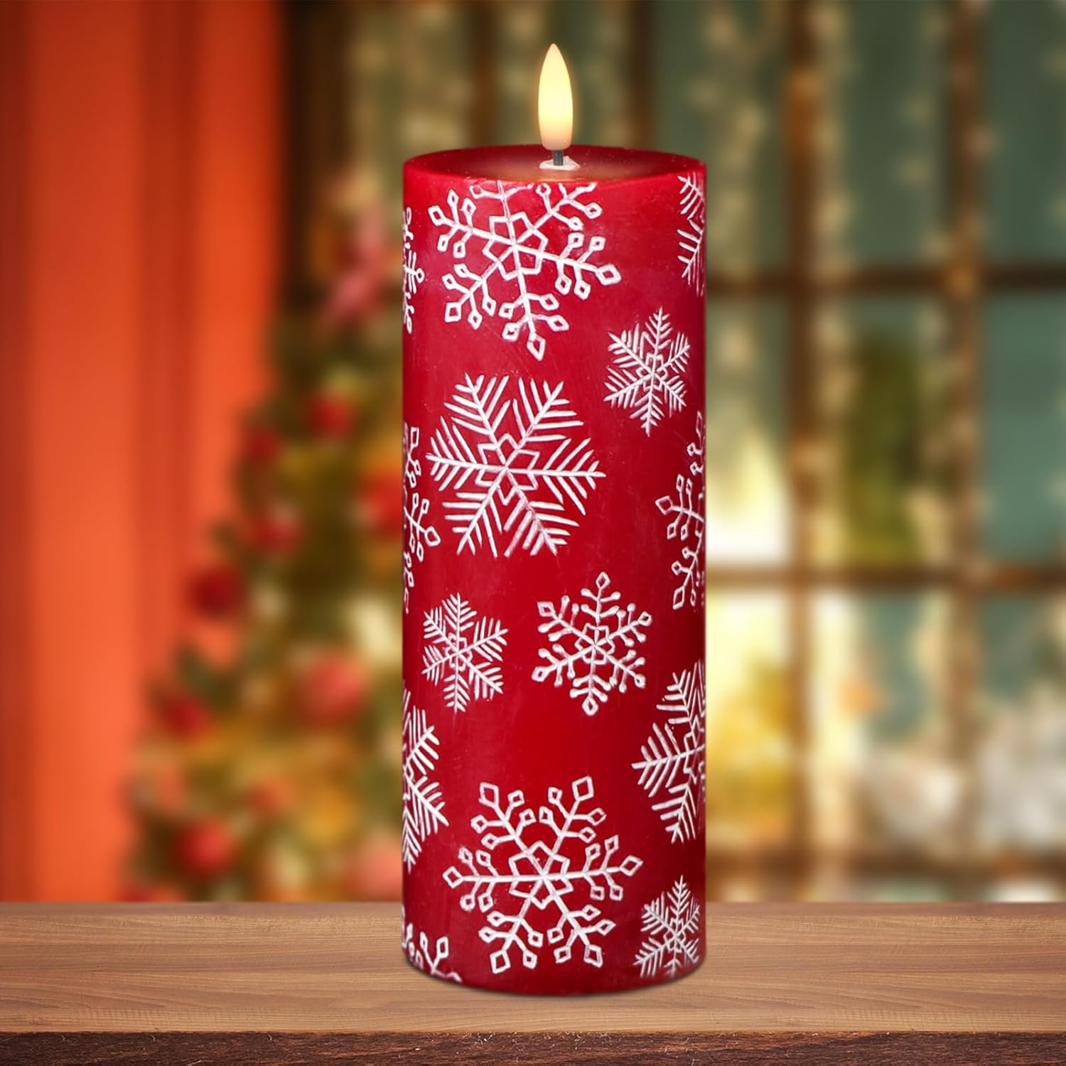 Wondise Christmas Flameless Candles with 6hrs Timer, Snowflakes Battery Operated Flameless Flickering Red Candles with 3D Wick Real Wax LED Candles for Christmas Holiday Indoor Decoration(2.6"x7.8")