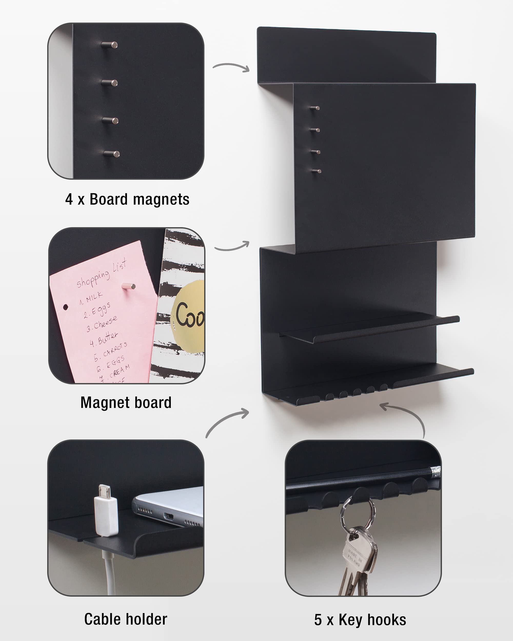 byde Organizer Ścienny Hepe Wykonany z Metalu 30 x 9 x 49 cm Półka Ścienna 3 w 1 z Tablicą Magnetyczną i Magnesami. Organizer na Klucze, Gazetę i Notatki. Montaż na Ścianie z Szablonem Montażowym. Kolor Czarny