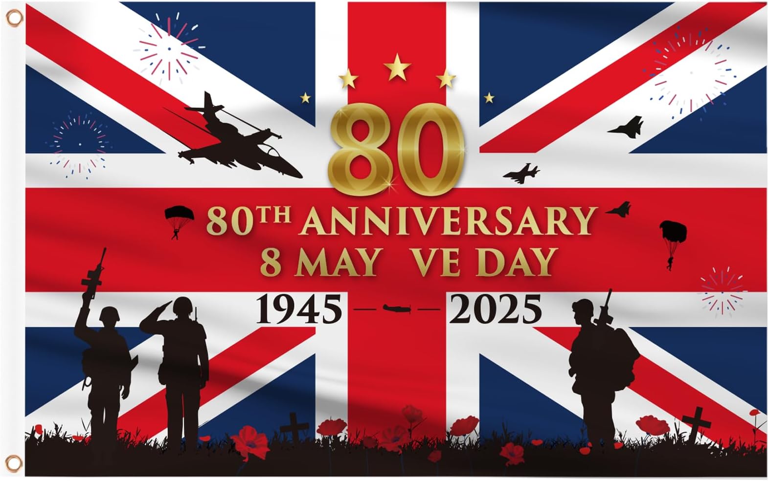 AhfuLife 2Pcs VE Day Flag 3Ft x 5Ft for 80th Anniversary 2025 Decorations, 80 Years VE Day Cloth Flag Party Decorations Waterproof Flag for 80 Years Victory In Europe WW2 1945-2025 Decorations
