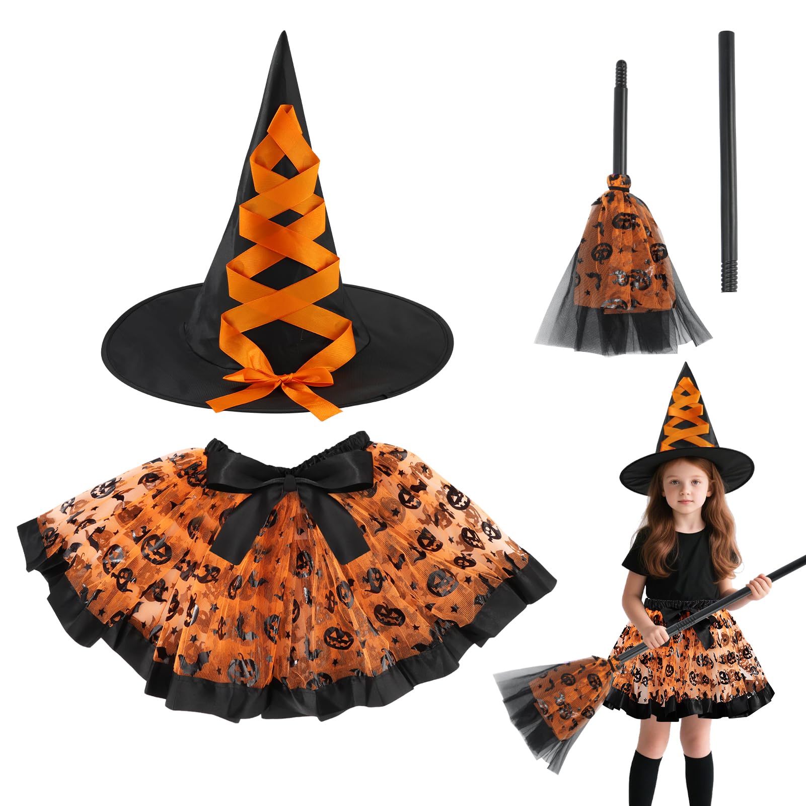 Halloween Witch Costume Toddler Girls Witch Tutu Skirt Set including Hat Broom Tutu Costume for Halloween Themed Parties (Orange)