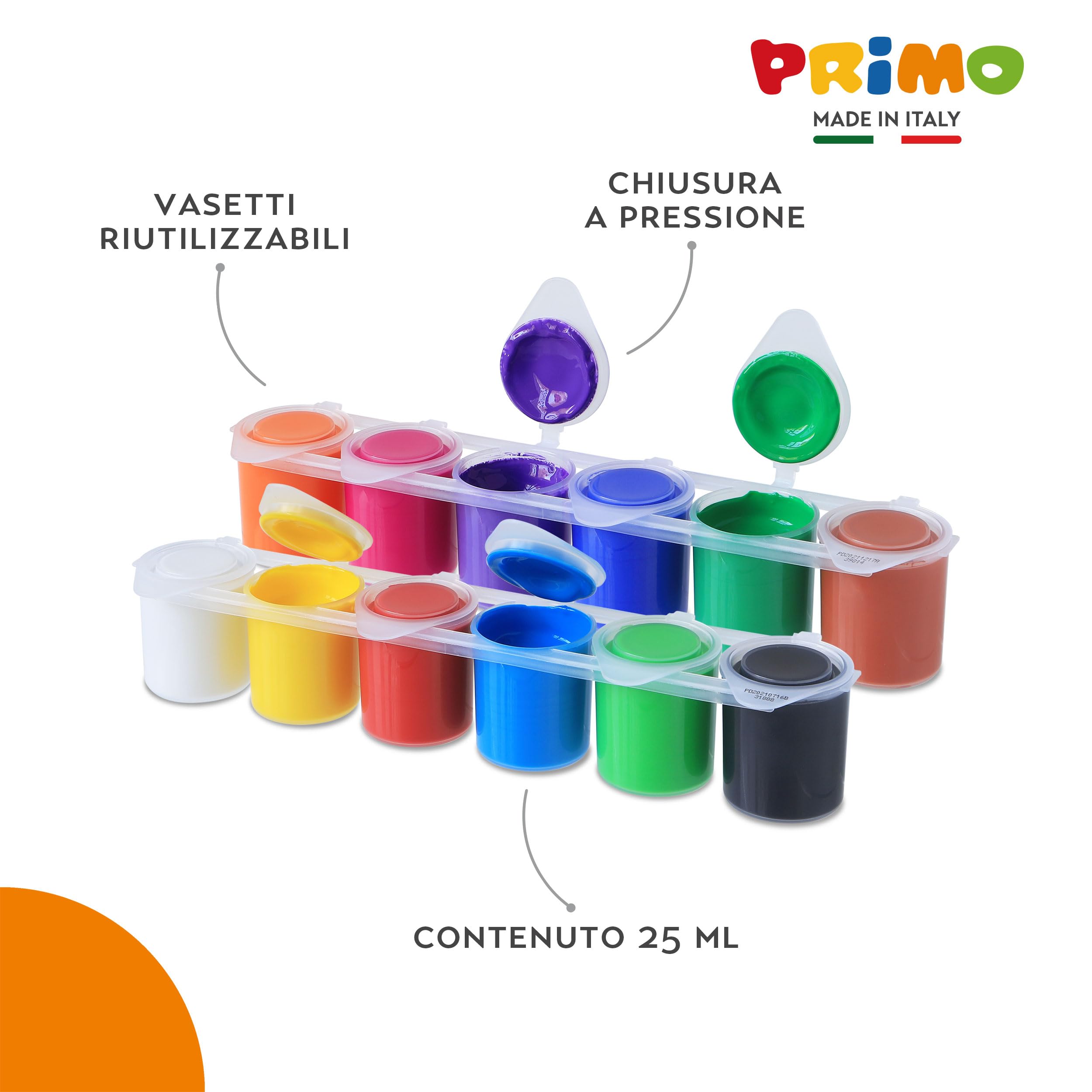 PRIMO - Tempere Lavabili per Bambini +3 Anni, 12 Colori per Bambini 25 ml in Vasetto Validi come Colori per Tessuti e Lavoretti Creativi, Pittura per Tessuti, Carta e Vetro, Colori a Tempera Coprenti