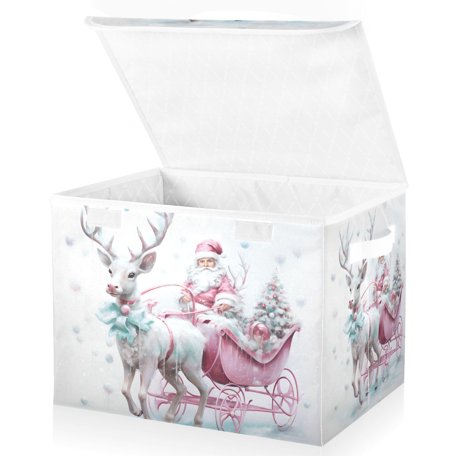 Christmas Baskets Collapsible Storage Bins with Lids, Christmas Santa Claus Pink Reindeer Storage Boxes Clothes Baskets for Organizing