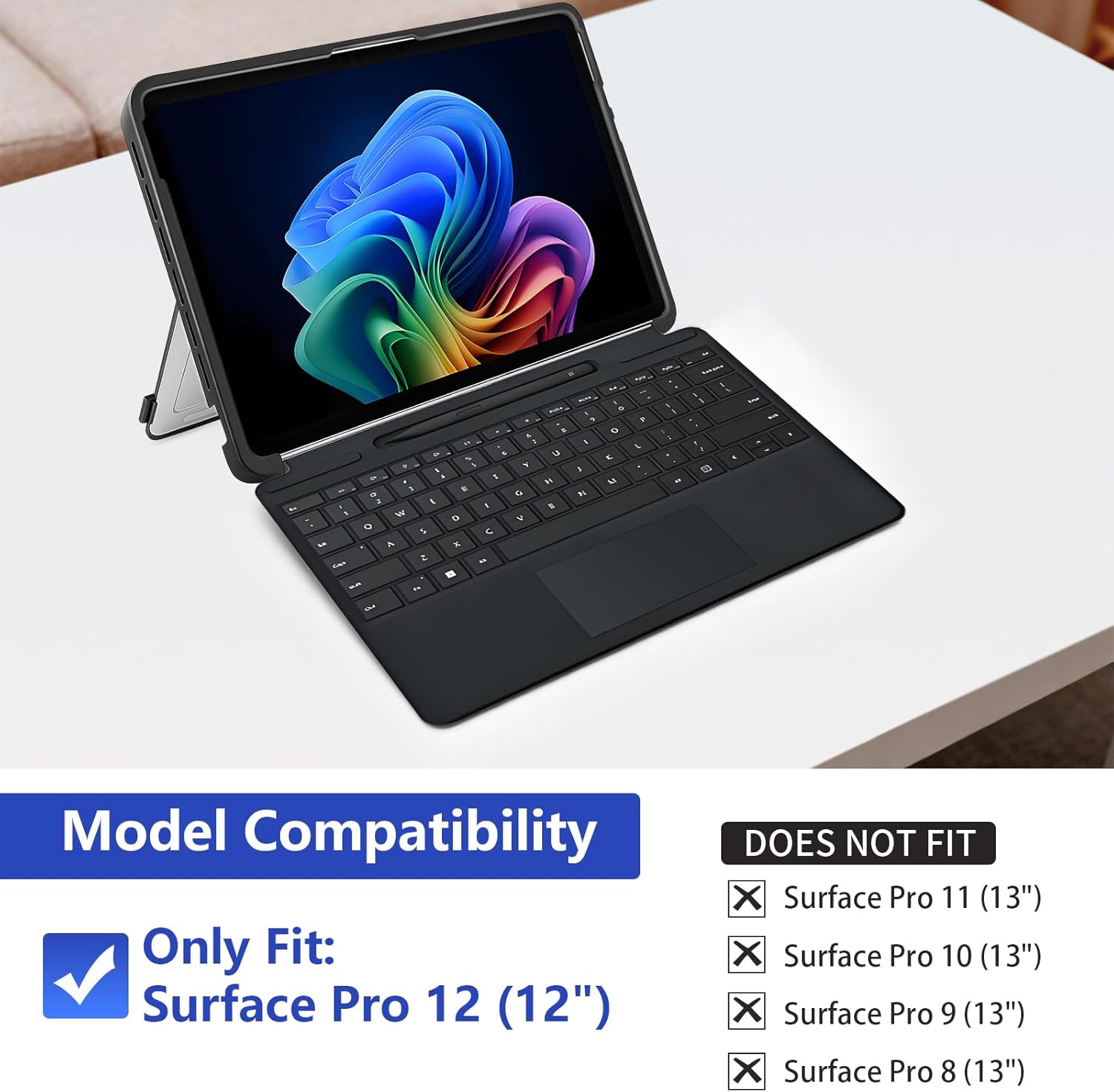 Protective Case for Microsoft Surface Pro 12 inch 2025 | Fall-Resistant Cover with Hand Strap | Compatible with Built-in Kickstand & Magnetic Slim Pen Storage & Type Cover Keyboard | Black - Image 2