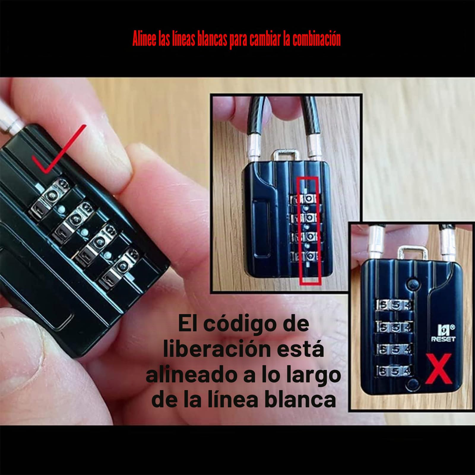 RESET-204 candado de cable flexible de 30 cm con combinación de 4 dígitos, candado largo para cubo de basura, taquilla, equipaje, maleta, casco y armero, diámetro 5 mm, negro, 2 unidad