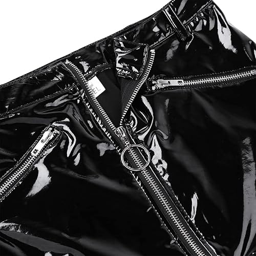 Miniatura 7 de renvena Minifalda entallada de cuero de charol para mujer, para club nocturno, con cremallera, línea A, minifaldas