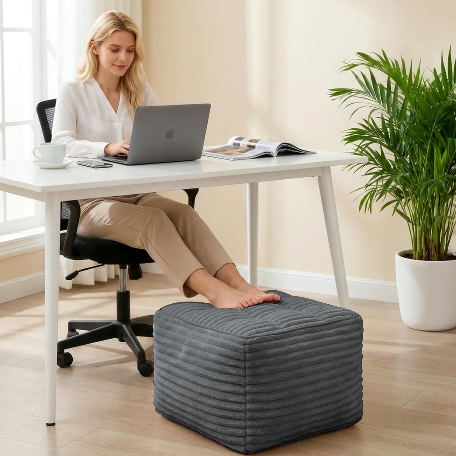Square Pouf Ottoman, Boho Stuffed Poufs Ottoman with Memory Foam Filled 25.7 x 15.7 inches Modern Corduroy Foot Rest Stool for Living Room,Gray