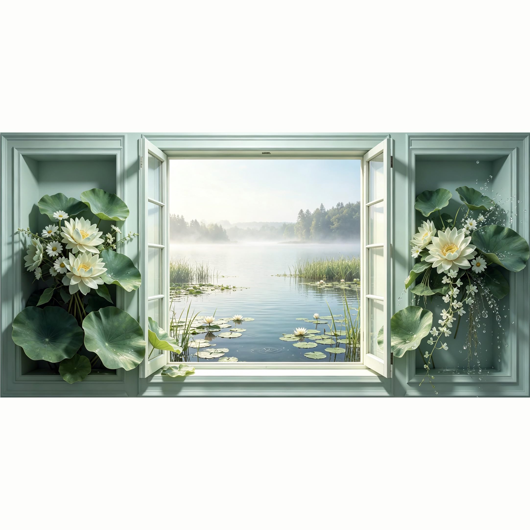 QZLITHOTIC 50x100cm 3D Framed Wall Art， Misty Lake White Lotus Botanical 3D Trompe l'oeil Mural， Water‑Activated Peel & Stick Fabric Decor Wall Decal for Bedroom Living Room