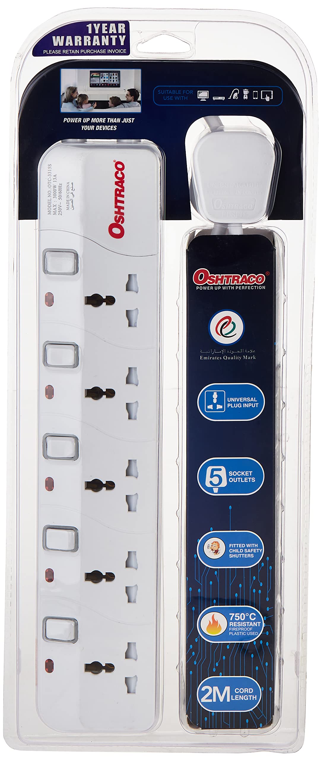 Oshtraco OTC3315S-2M 5 Way Universal Extension Socket with 2 Meter Cord