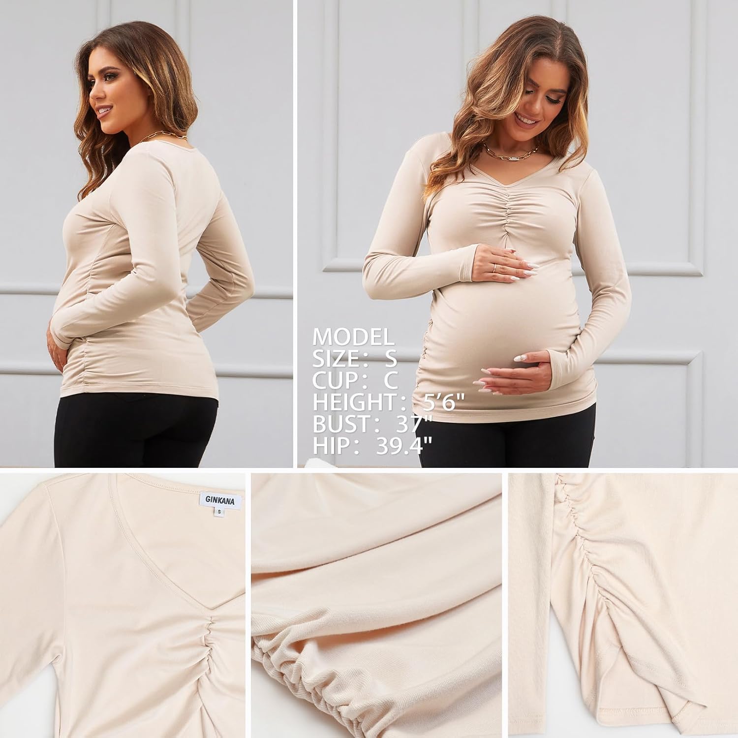 GINKANA Women Long Sleeve Maternity Shirts V Neck Ruched Sides Ribbed Knit Pregnancy Tee Tunics Tops - Image 5
