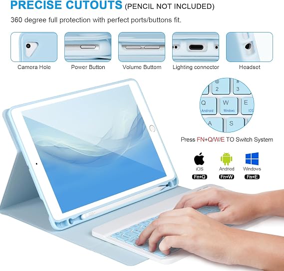 for iPad 6/5th Generation Case with Keyboard 2018/2017,Detachable Bluetooth Keyboard case for iPad Air 2/1,iPad Keyboard Case 9.7 inch with Pencil Holder,Square Keycaps,Blue