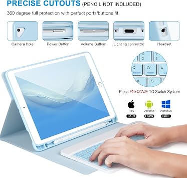 for iPad 6/5th Generation Case with Keyboard 2018/2017,Detachable Bluetooth Keyboard case for iPad Air 2/1,iPad Keyboard Case 9.7 inch with Pencil Holder,Square Keycaps,Blue