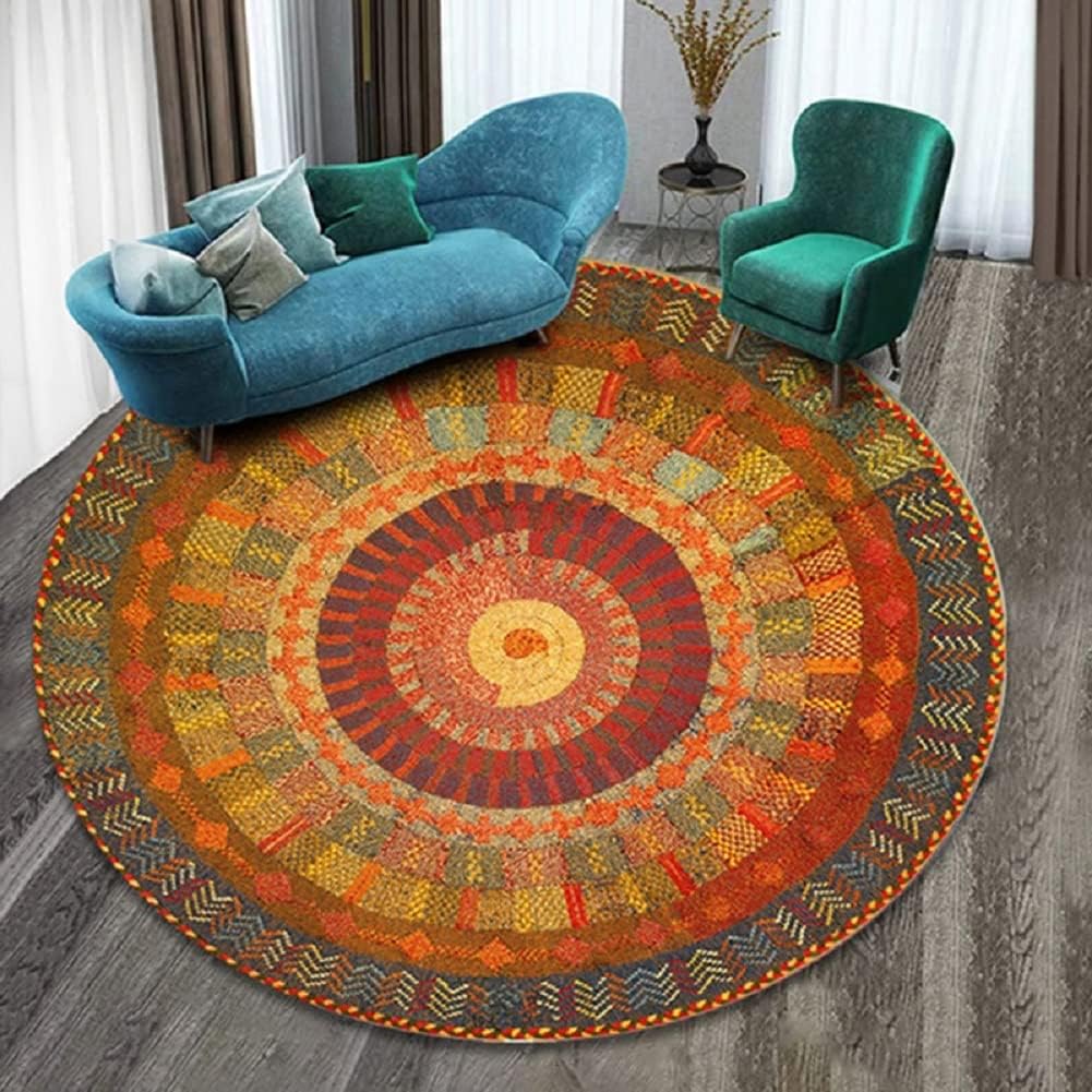 Ochine 4Ft Cotton Round Area Rug Boho Round Rug Hand Woven Cotton Area Rug Machine Washable Chic Bohemian Mandala Indoor Throw Rugs Non Slip Indoor Sofa Floor Area Mat Carpet for Living Room Bedroom