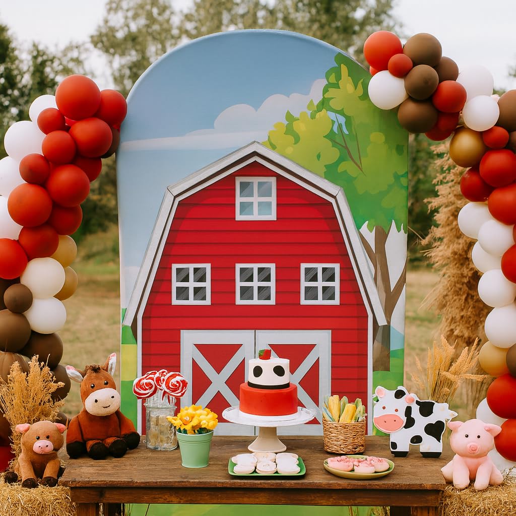 HUAYI Red Farm Barn Arch Backdrop Cover Kids Red Farm Birthday Chiara Backdrops Decorations Arched Wall Covers Stands Display Props Farm Party Banner
