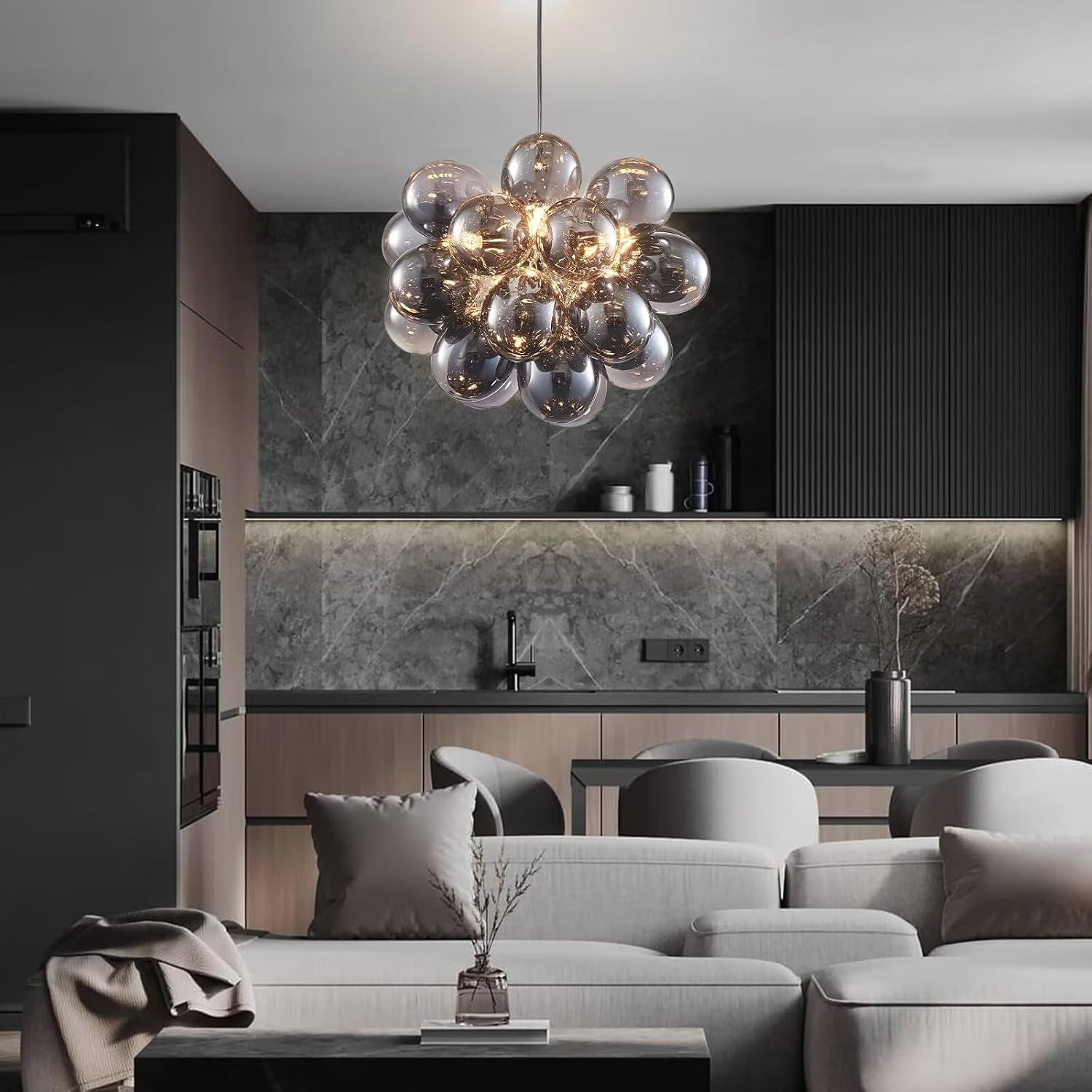 Modern Stylish Bubble Ball Chandelier Clear Glass Globe Chandelier Bubble Pendant Globe Light Fixtures for Dining Room Living Room Bedroom SmokeGray 16" D x 14" H, GUZHAO155540