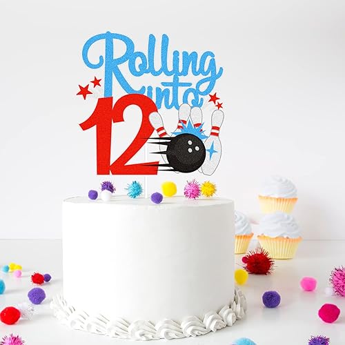 Miniatura 6 de Bowling Rolling Into 12 Happy 12th Birthaday - Decoración de pastel de bola de boliche de 12 cumpleaños con purpurina - Decoración de pastel de