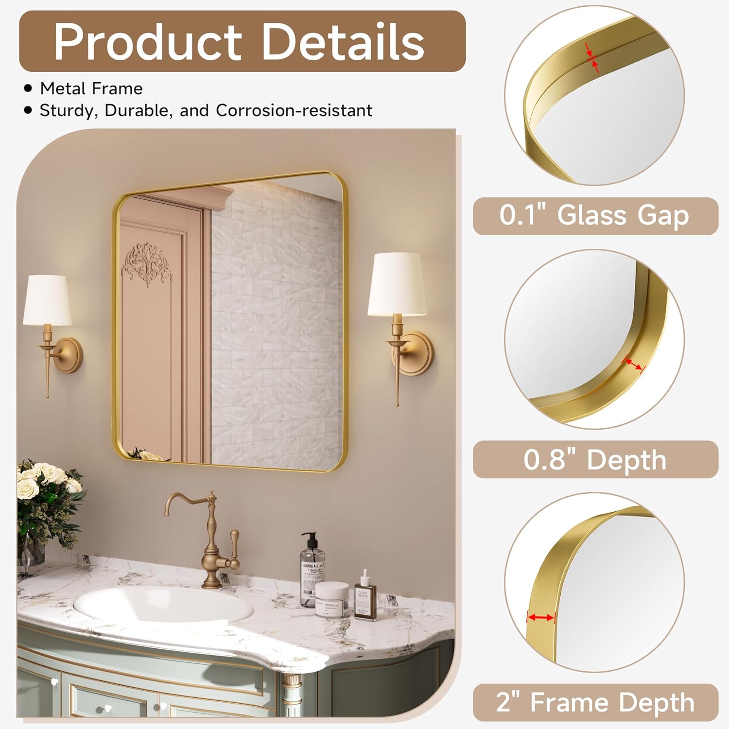 Gold Bathroom Mirrors for Wall, 55X30 Inch Rounded Rectangle Mirror, Gold Bathroom Vanity Mirror, Metal Framed Wall-Mounted Mirror（Horizontally or Vertically,Tempered Glass