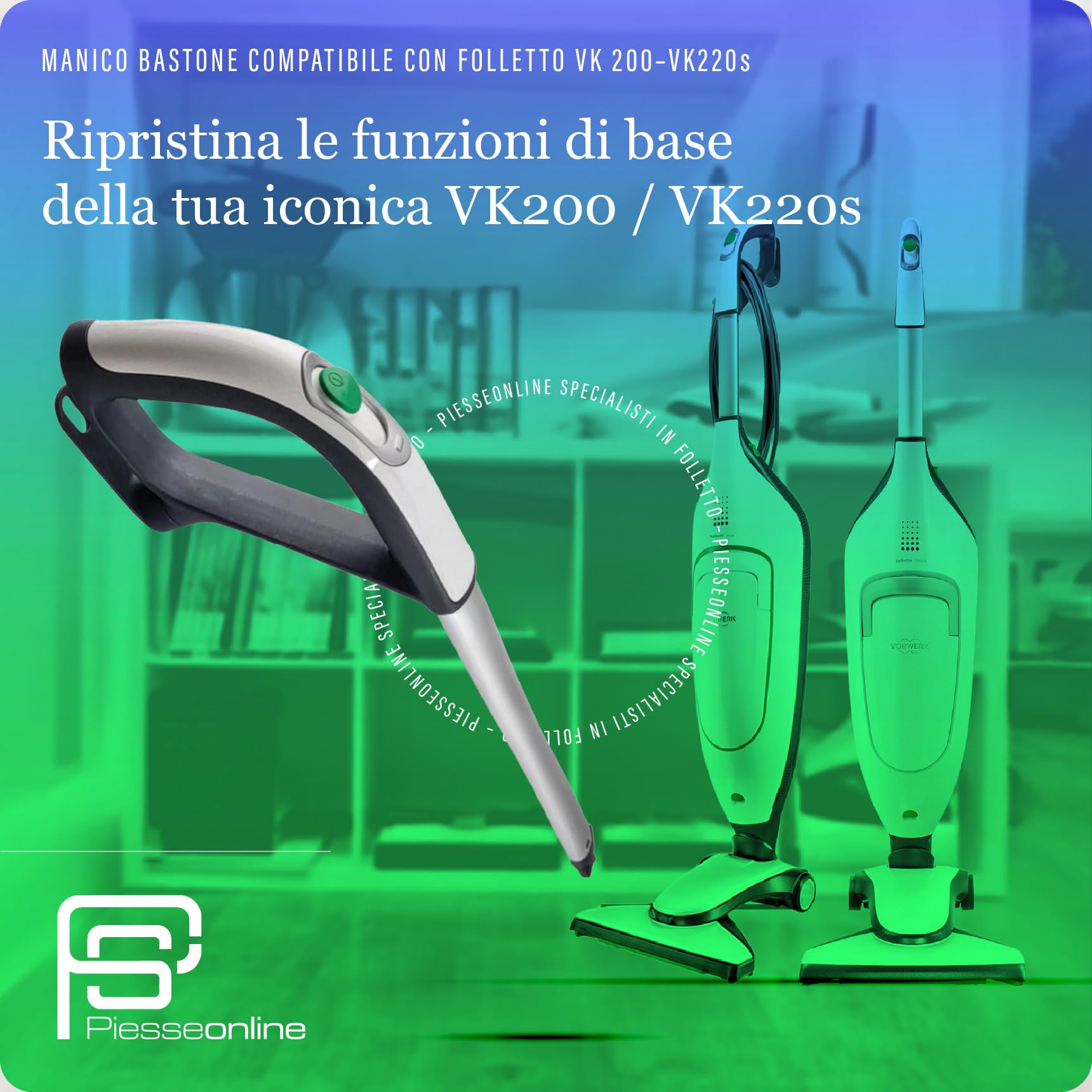 Manico Folletto VK200/220S con Interruttore Integrato, Robusto Ricambio Folletto compatibile con VK 200 e VK 220S, Ergonomico e Antiscivolo, Facile da Montare