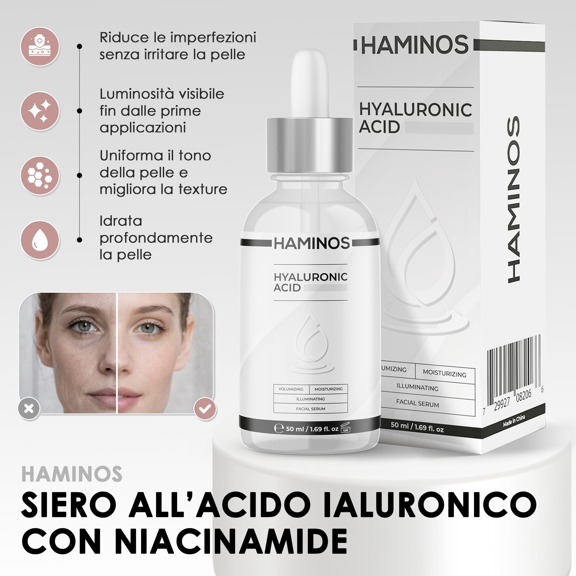 HAMINOS Massaggiatore Viso con Microcorrenti e Roller 3D, 3 Livelli di Intensità, Massaggiatore Viso Elettrico per Lifting, Viso, Collo, Braccia e Gambe, USO OBBLIGATORIO CON IL SIERO