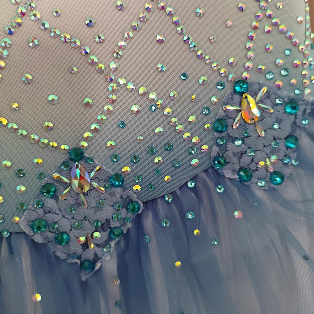 LIUHUO Vestido de patinaje artístico para niñas, color azul, malla graduada, manga larga, rendimiento de competición