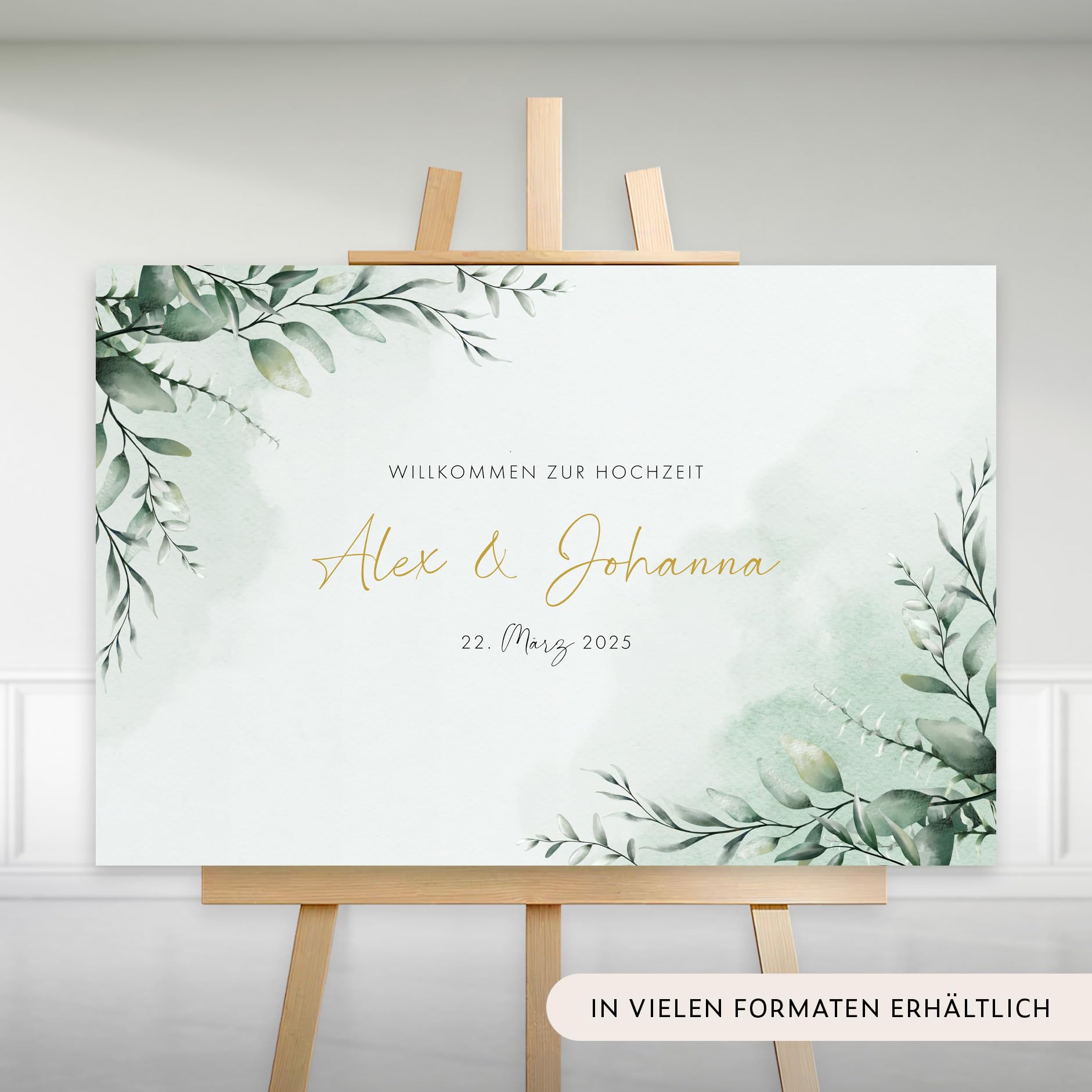 Willkommensschild Hochzeit Eukalyptus Gold mit Datum und Namen, personalisierte Hochzeitsdeko, Aufsteller Willkommen Schild, Grün, Leinwand, 60x40