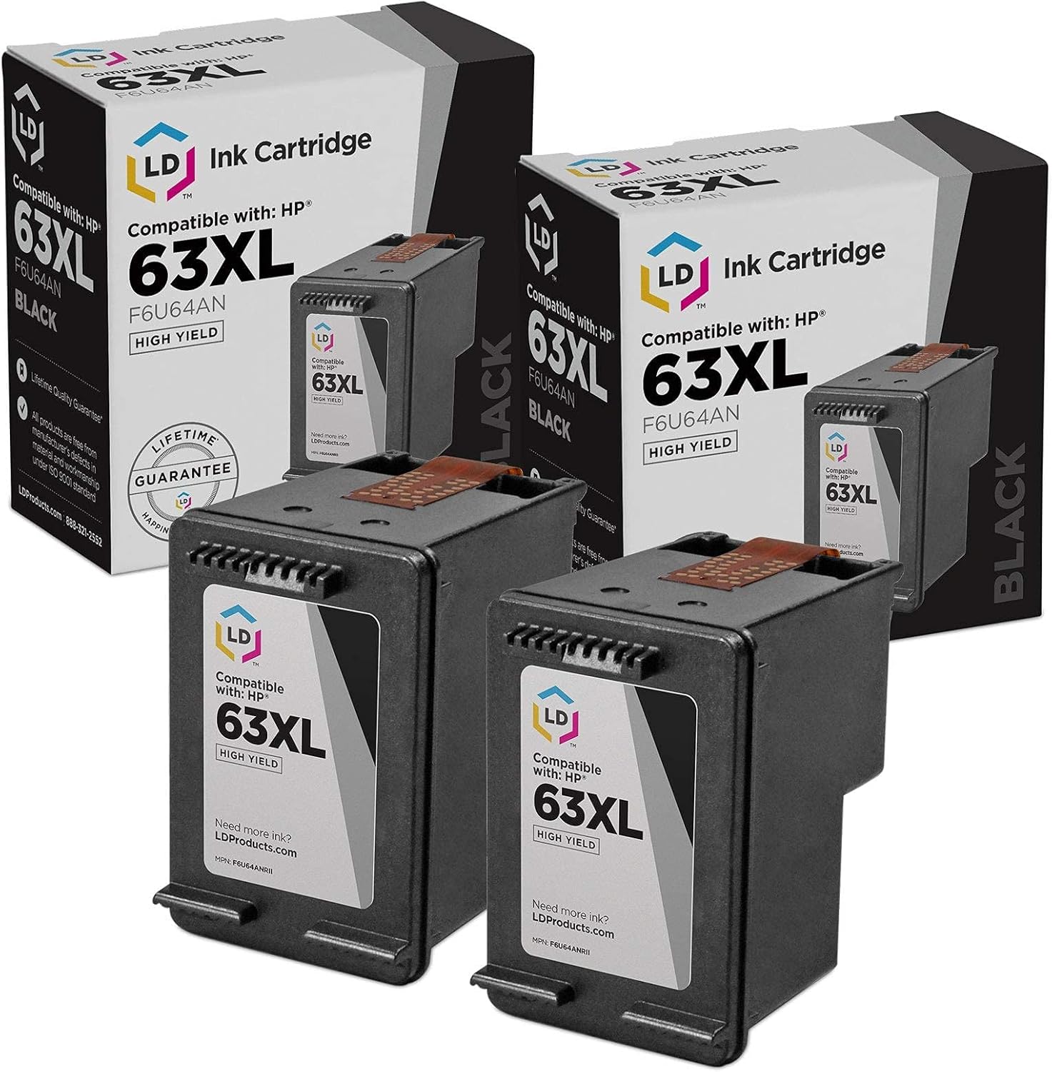 LD Products Remanufactured Ink Cartridge Replacement for HP 63XL F6U64AN High Yield (Black, 2-Pack) Compatible w HP 1110 1111 2130 2131 2133 2134 3636 3638 4511 4512 4520 4522 4524 4526 4528 and More