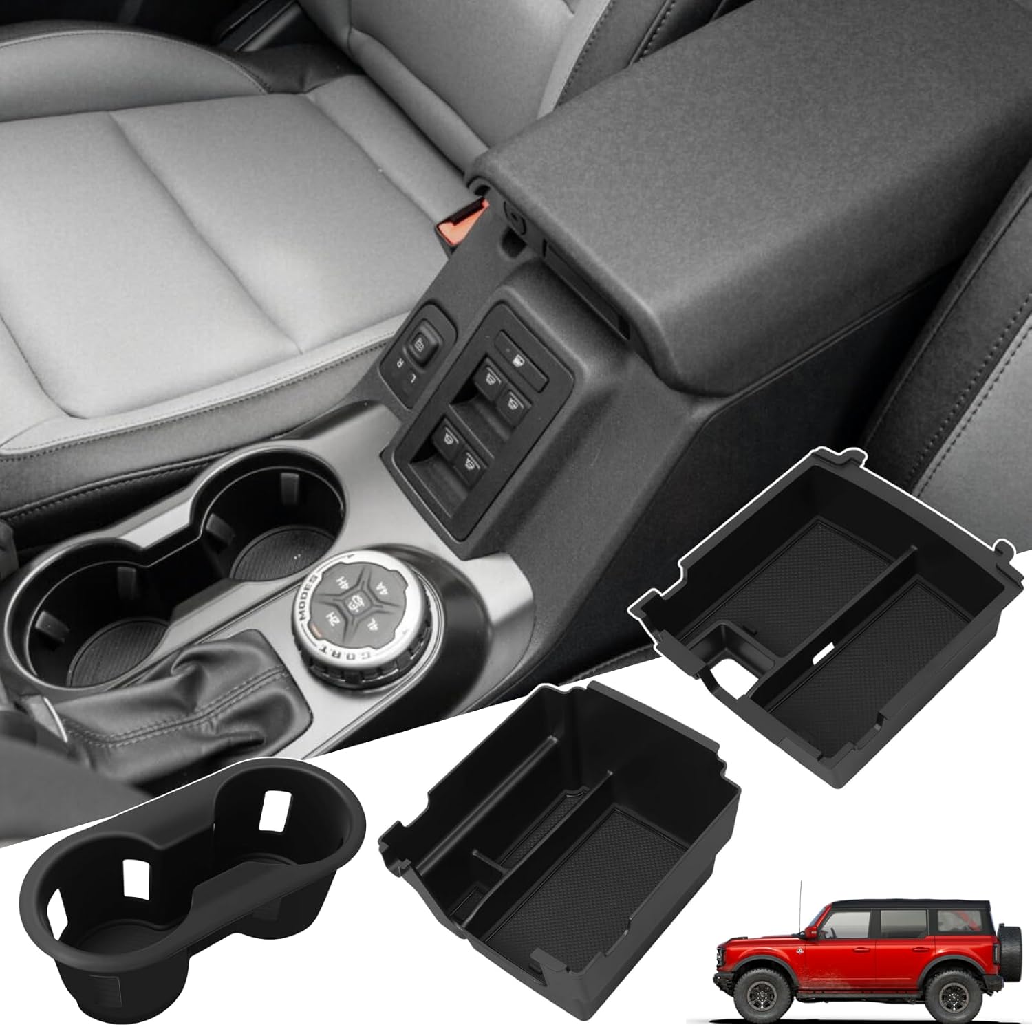 Center Console Organizer for 2025 2026 Ford Bronco 4 Door Accessories - Double Layer Armrest Storage Box Compartment & Center Console Cupholder Insert - (Only for Automatic Transmission & 4 Doors)