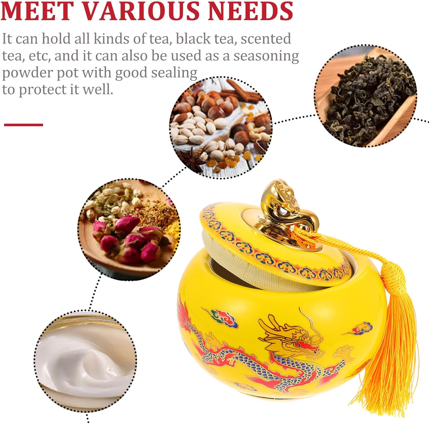 Ceramic Tea Storage Tin with Dragon Motif, Chinese Style Tea Canister with Yellow Fabric Bag, Traditional Food Jar for Kitchen Pantry Organization