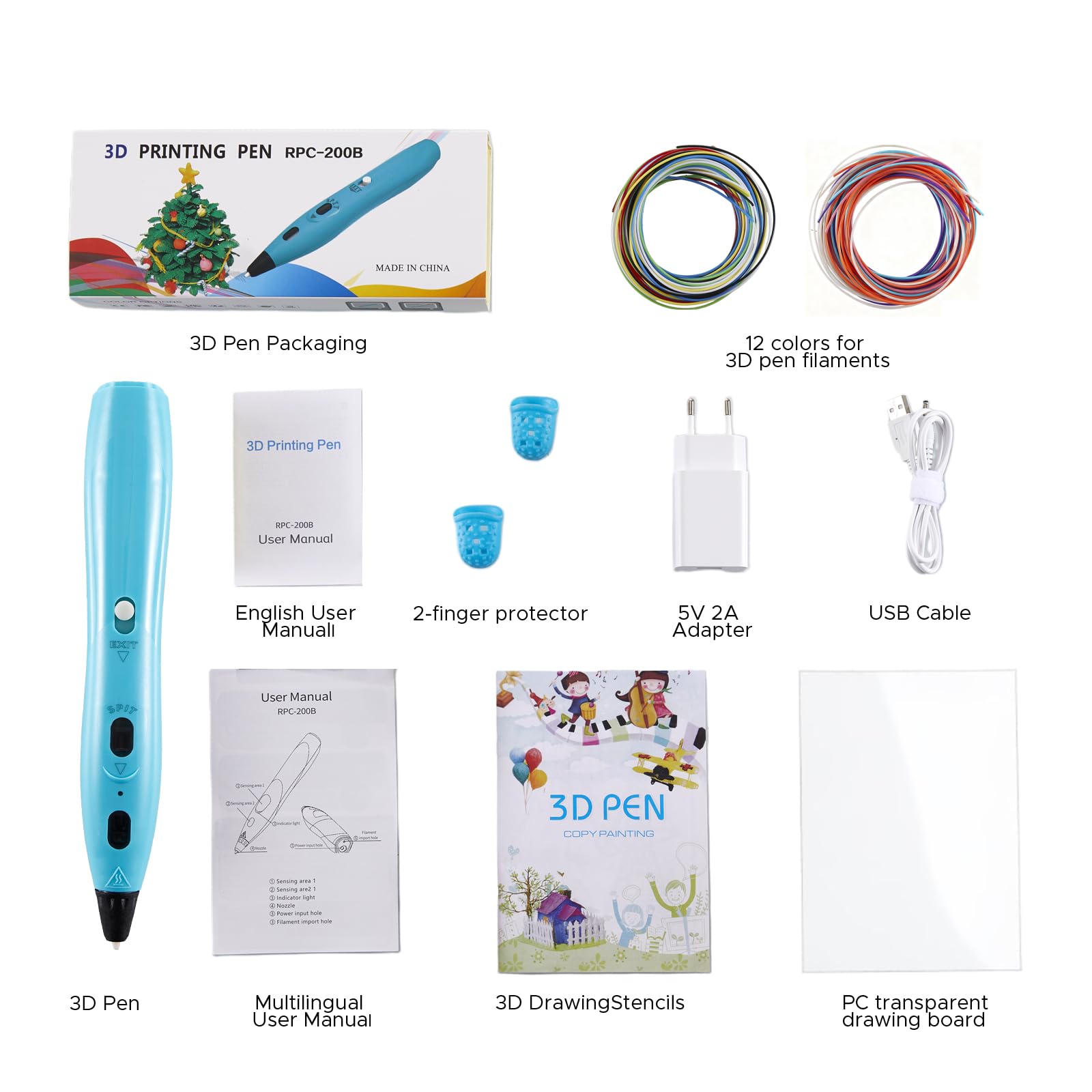 RPC200B 3D Stift Set, einschließlich 12 Farben PLA-Kunststofffilament, kompatibel mit PLA-Filament, geeignet für DIY-Bastelarbeiten. (Blue)
