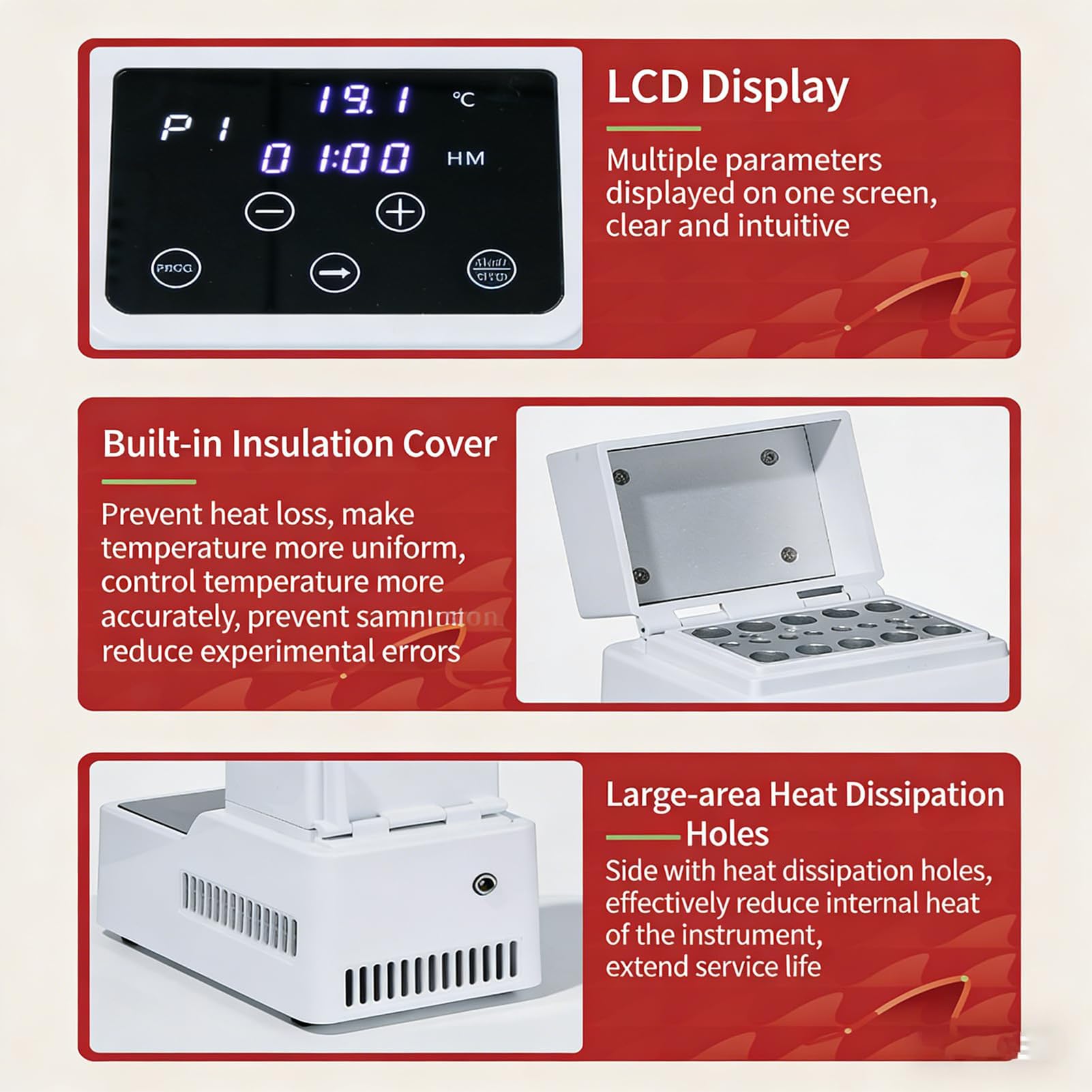 Incubadora de baño seco con tapa, calentador digital de bloque de laboratorio de 120 W, 9 puntos programables, calibración rápida para investigación de temperatura constante, refrigeración o