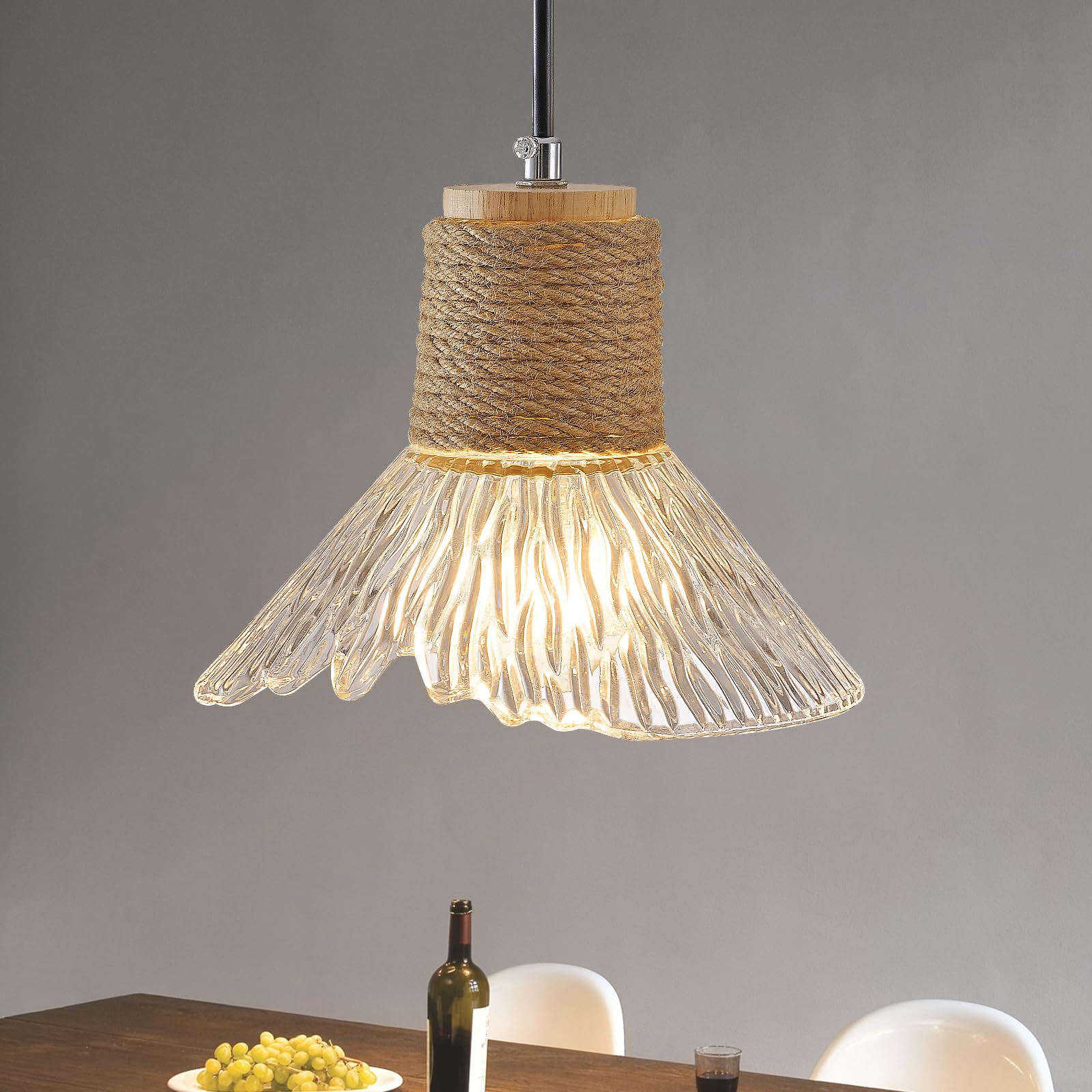 ChenSolara Pendant Light with Clear Striped Glass Lampshade, Boho Hemp Rope Woven Vintage Chandelier, Adjustable Height Hanging Island Light for Dining Room Living Room Hallway