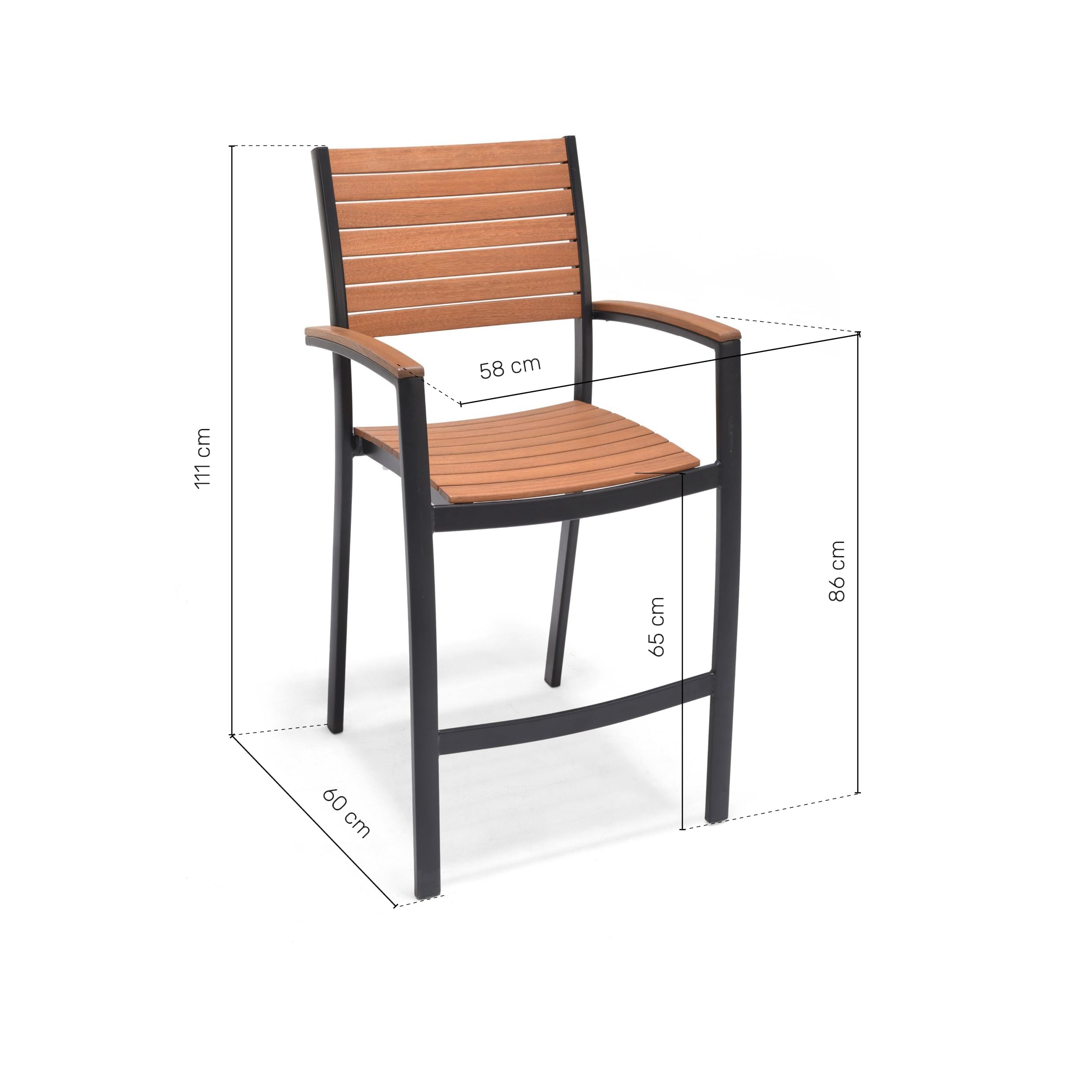 METRO Professional Sgabello da Esterno con Braccioli Lynx, Alluminio/Legno di Eucalipto, Sedia Impilabile, Ideale per Ristorante e Giardino, Marrone/Nero