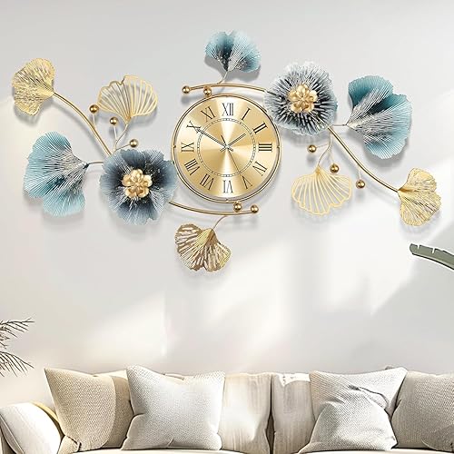 Miniatura 10 de Relojes de pared para decoración de sala de estar, reloj de pared grande, diseño creativo 3D de hoja de ginkgo de metal, con movimiento silencioso,