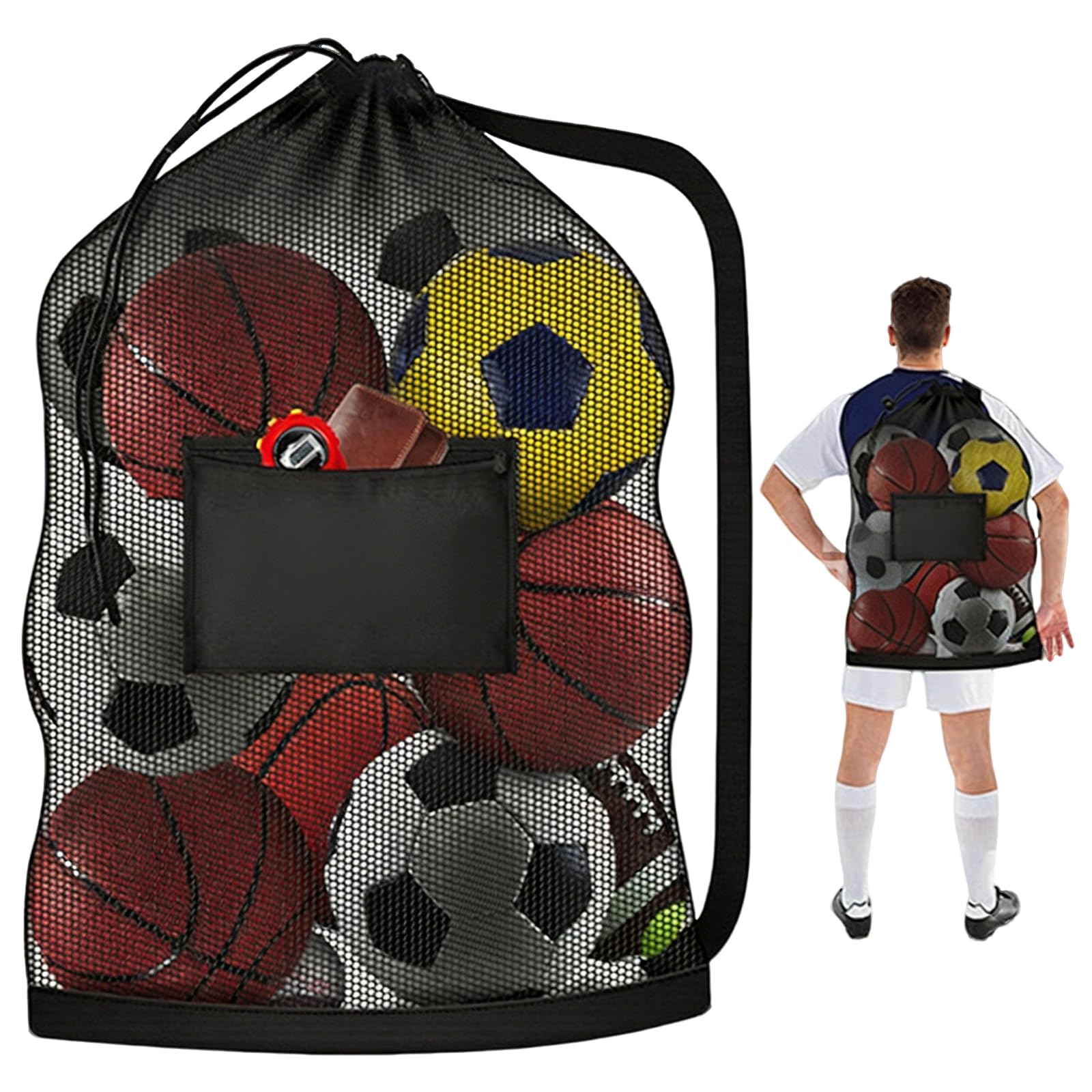 Extra Large Football Bag with Waterproof Pocket - Mesh Football Net Bag for 10-15 Balls, Heavy Duty Drawstring Ball Bag for Basketball, Volleyball Training, Adjustable Shoulder Strap (101x76cm, Black)