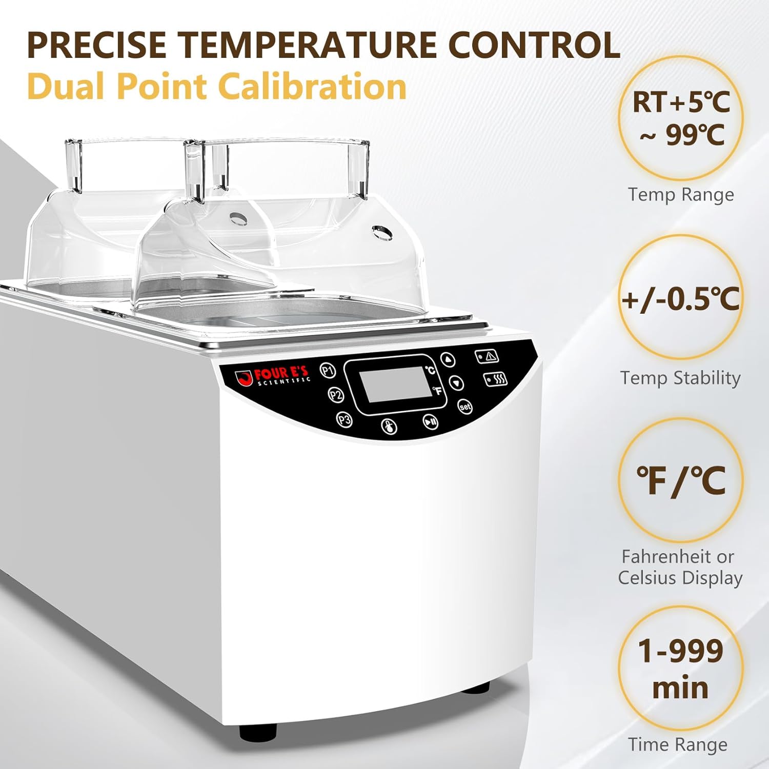 4E's USA Lab Water Bath - Digital 5 Liter Laboratory Thermostatic Water Bath Heater with Precise Temperature Control, Double Safety Features, Easy to Read LED Display