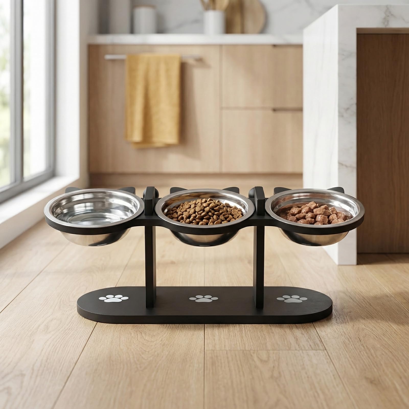 Comedero Gato Elevado,Comedero Perro de Acero Inoxidable, 3x300ml Comederos y Bebederos,con Soporte de Bambú,Altura Ajustable,Inclinación de 15°,para Gatos y Perros pequeños (Negro)