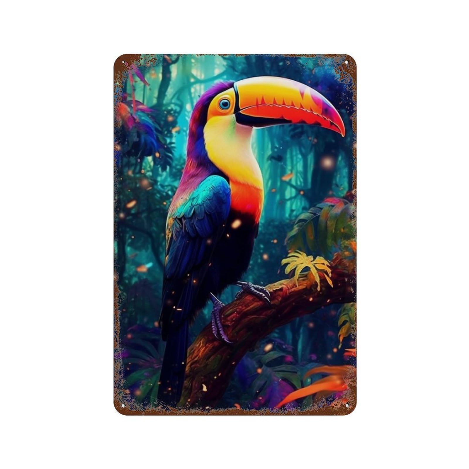 Rainbow Toucan in Amazon Rainforest 11.8"x7.9" Distressed Metal Wall Sign, Retro Wall Decor for Garage, Bar And Workshop Decor