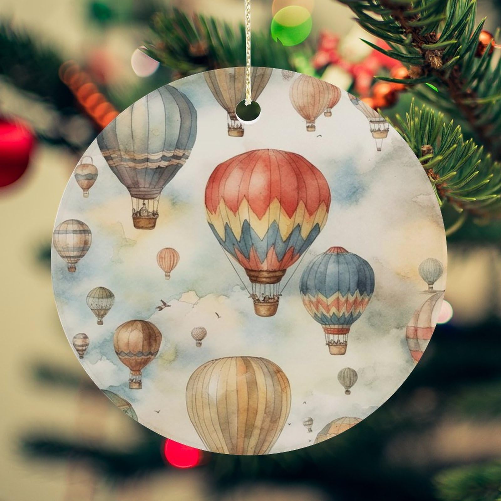 Watercolor Hot Air Balloon Christmas Ornament for Christmas Tree Ceramic Round Ornament Winter Holiday Keepsake Gift 2.7" Christmas Tree Hanging Decorations Circle Ceramic Pendant Xmas Gift