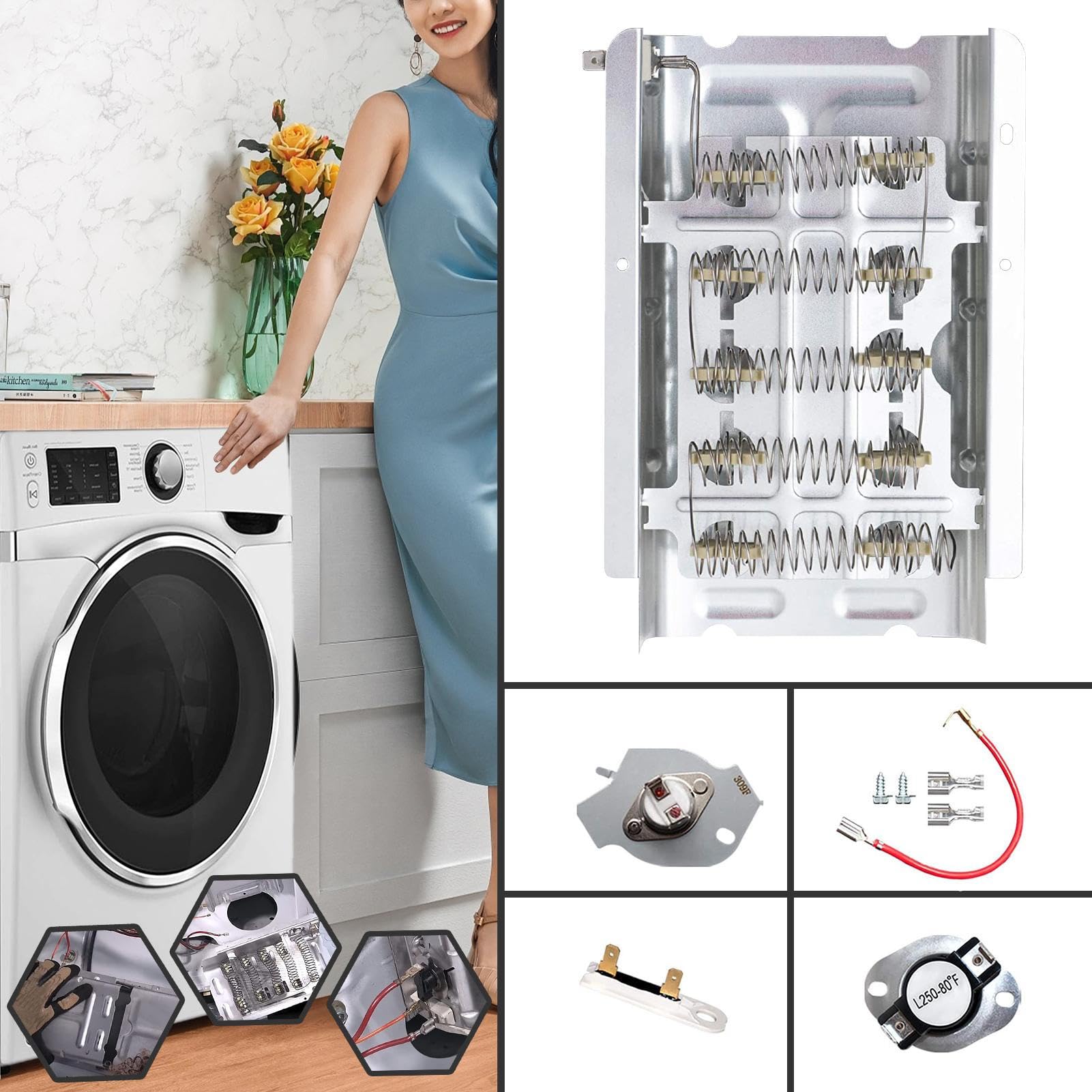 Elemento riscaldante per asciugatrice, elemento riscaldante,Kit termostato per la casa - Accessori per elementi riscaldanti ad asciugatura multifunzionale per casa, appartamento, hotel e centro | Termostato Riscaldamento Uniforme, Ampia Compatibilità Per