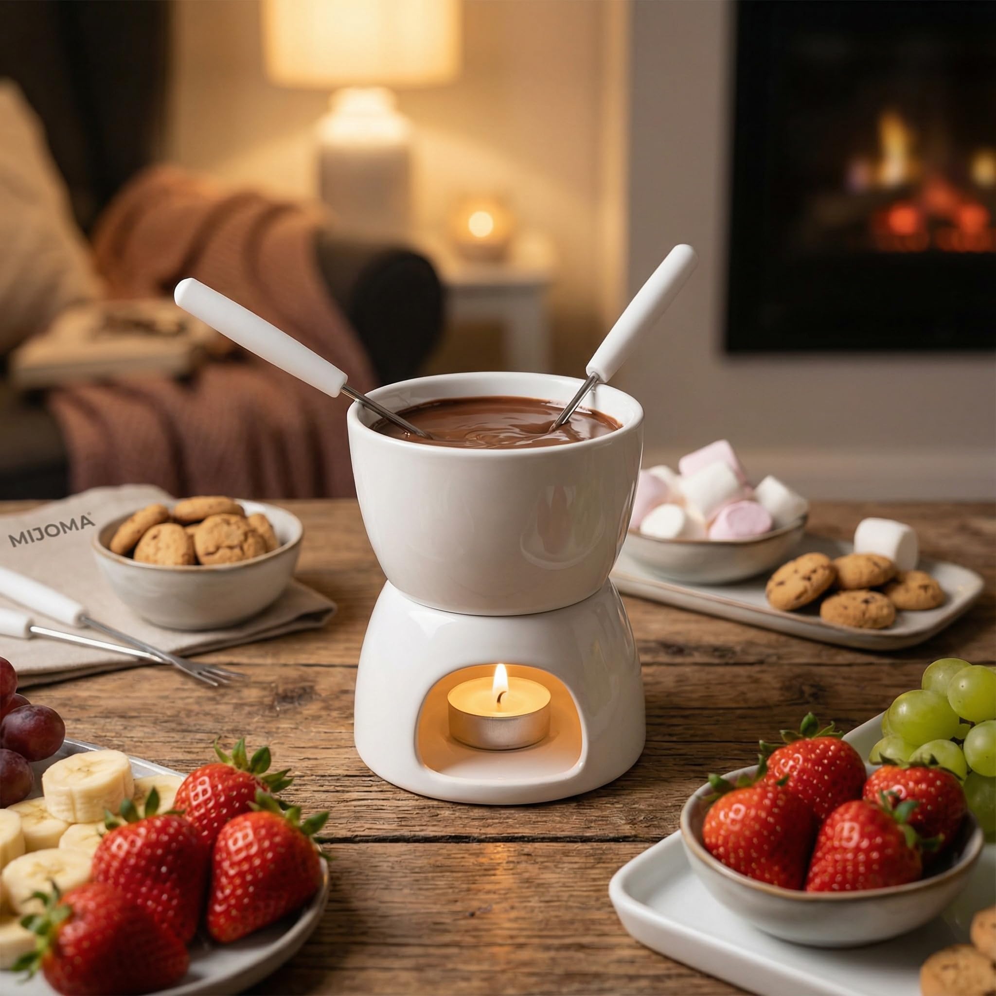 MIJOMA Mini set per fonduta di cioccolato – Scopri il puro piacere del cioccolato – Design alla moda ed elegante in bianco, con 2 forchette per fonduta, ideale per biscotti e frutta, ceramica, 10 x 9