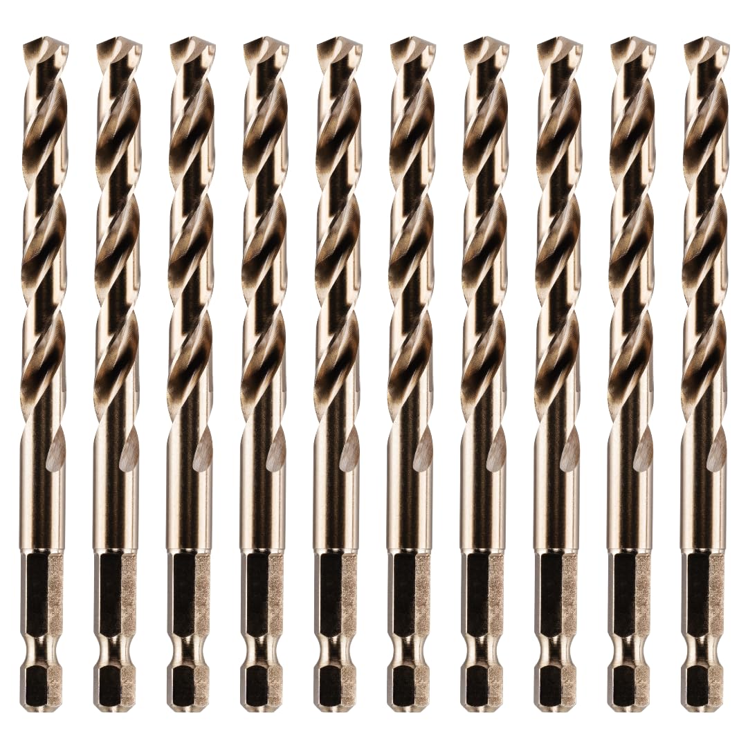 Rennie Tools - Box Of 10 x 7.5mm Hex Shank HSS Gold Cobalt Jobber Drill Bit For Stainless Steel, Hard Metals, Aluminium, Cast Iron, Copper. Twist Drill Bit Sets. 7.5mm Drill Bits Metric Drill