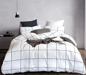 KAREVER White Grid Duvet Cover Set Queen White Checkered Bedding Set White and Black Plaid Queen 3 PCS Women White Checkered Duvet Cover Set Queen White Grid Duvet Cover