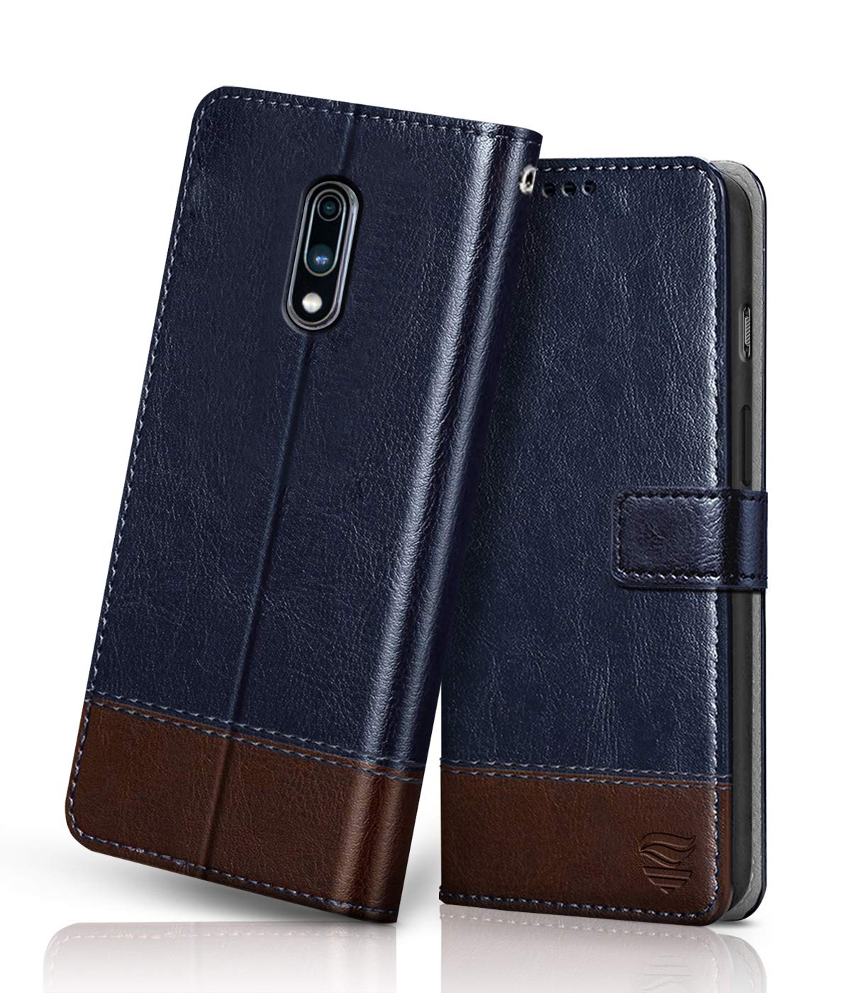 FLIPPED Vegan Leather Flip Case Back Cover for 1+ Oneplus 7 | 6T (Flexible, Shock Proof | Hand Stitched Leather Finish | Card Pockets Wallet & Stand | Blue with Brown)