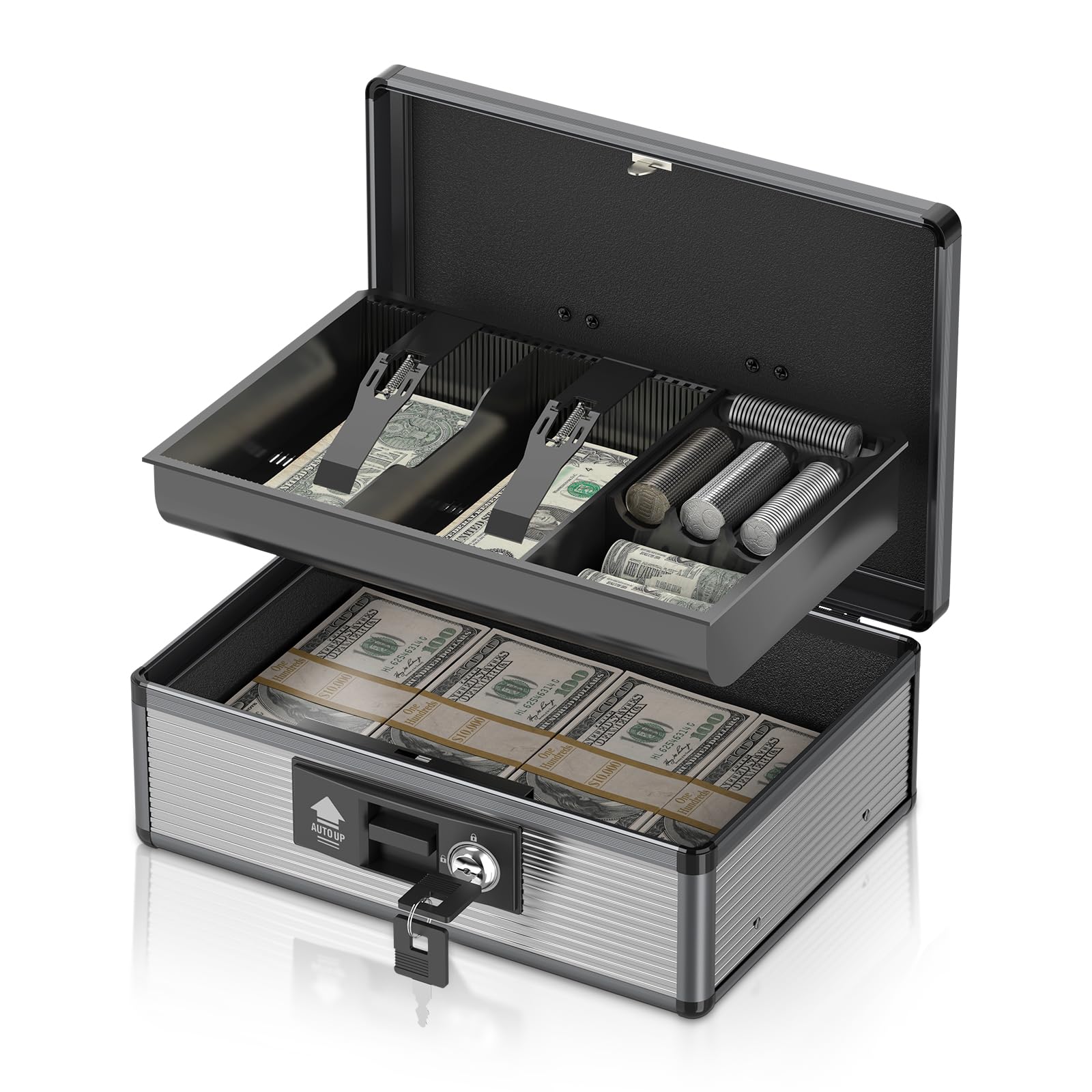 Locking Cash Box with Money Tray and Key, Secure Money Safe Box for Cash, Portable Money Box with 2 Storage Spaces, Money Saving Organizer (Black, Large)-image-10