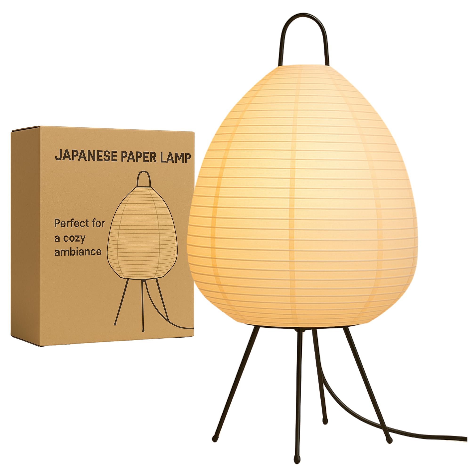 Japanese Paper Lantern Lamp | Noguchi with Washi Shade | Stylish Rice Paper for Warm, Cozy Ambiance | Bedside, Desk, or Living Room Decor