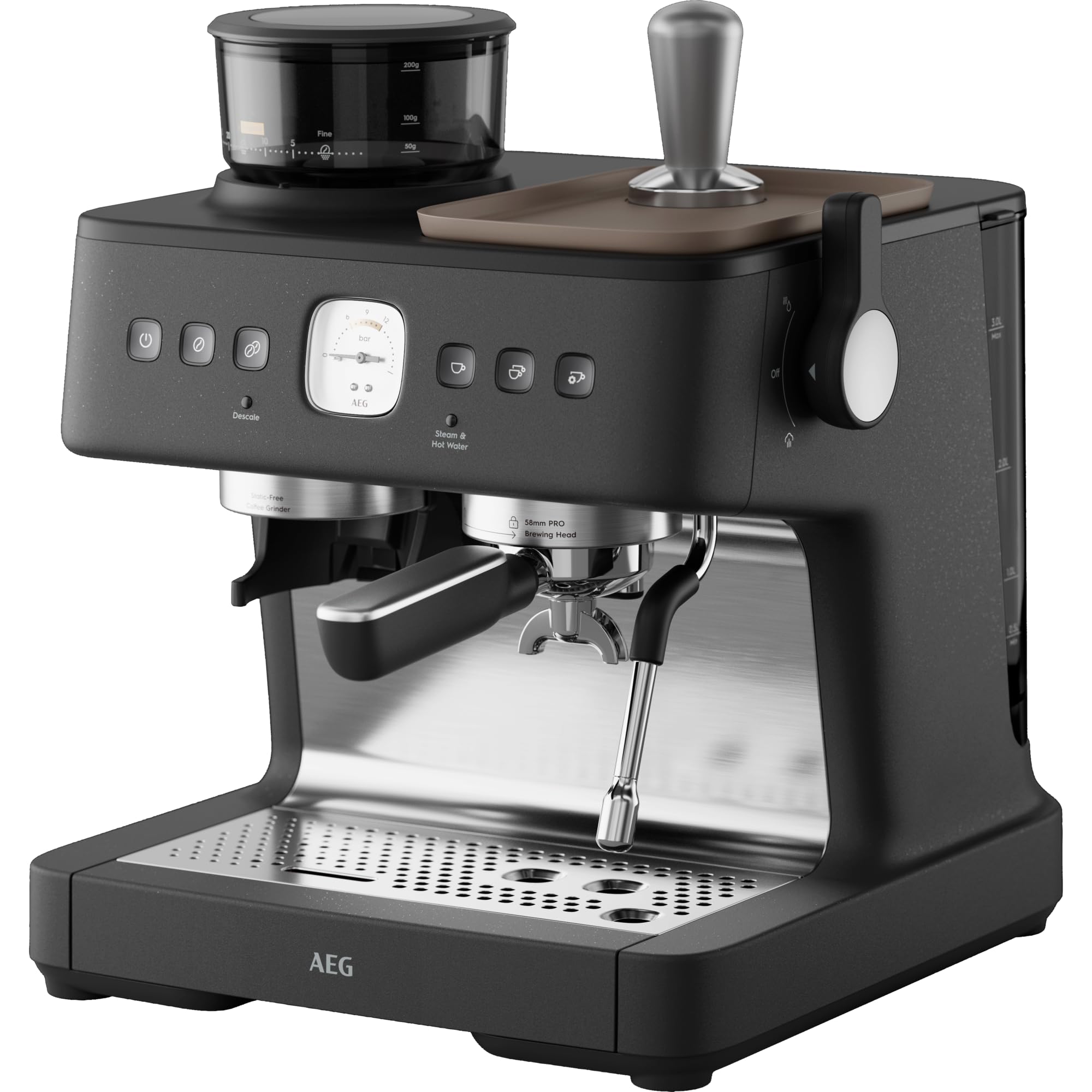AEG Máquina portafiltros Espresso EC8-​1-​8BP – Dual Thermoblock, 30 grados de molienda, 20 bares de presión, control de temperatura PID, cabezal de preparación de 58 mm, espumador de leche, calentador