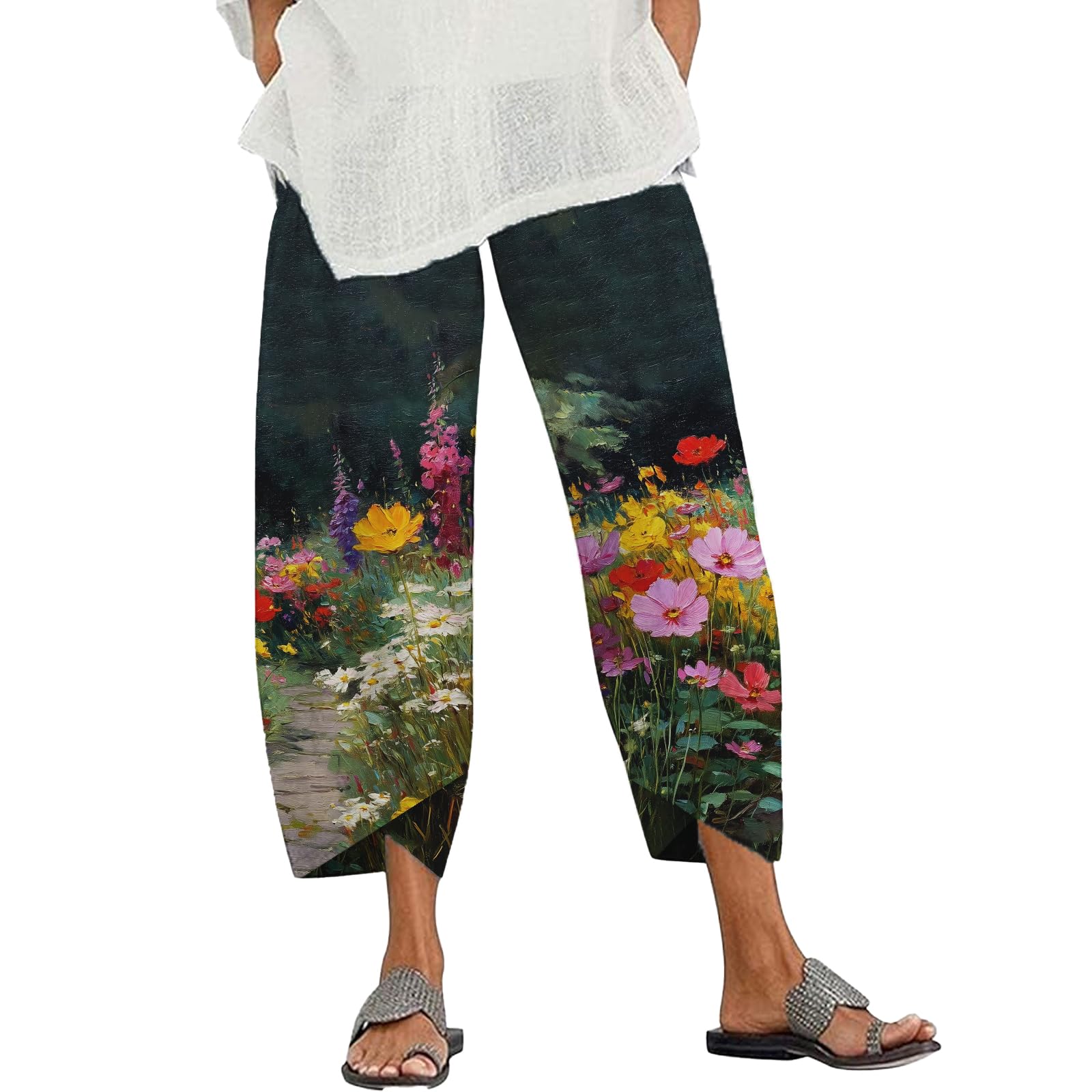 Summer Womens Colorful Graphic Printed Pants Funny Oil Painting Abstract Floral Printed Trousers with Pockets