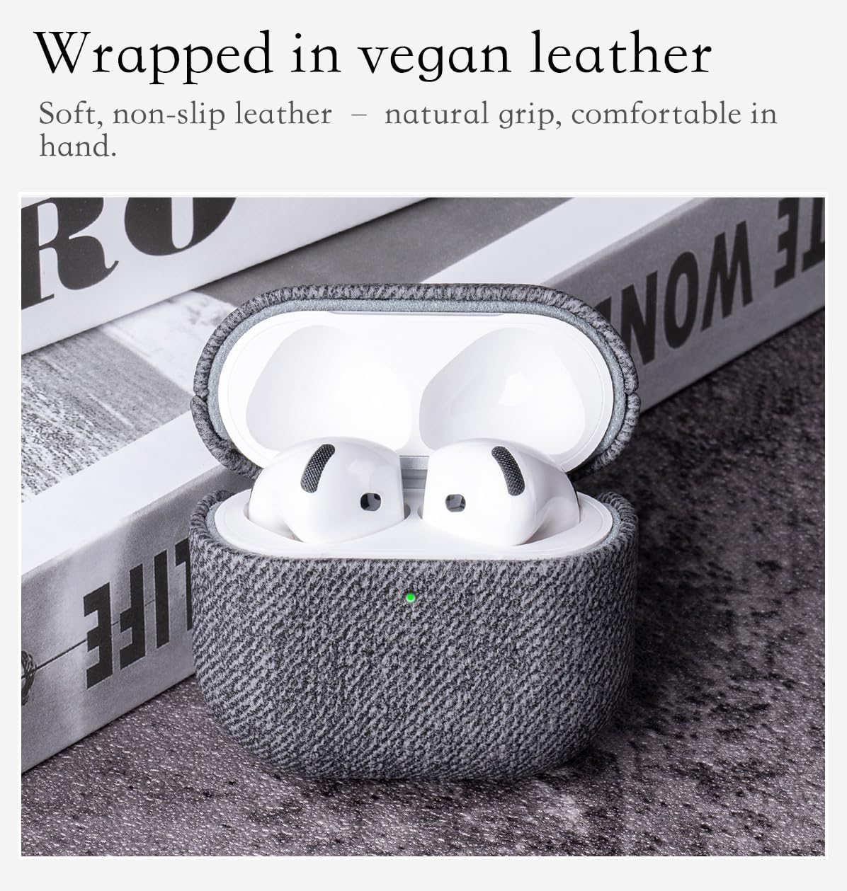 for AirPods 4 Case Cover - Full Vegan Leather Wrap, No Plastic Seen or Felt | Woolen Fabric Finish Synthetic Leather | Scratch Proof Microfiber Lining | Hard Case for Air Pods 4 - Black