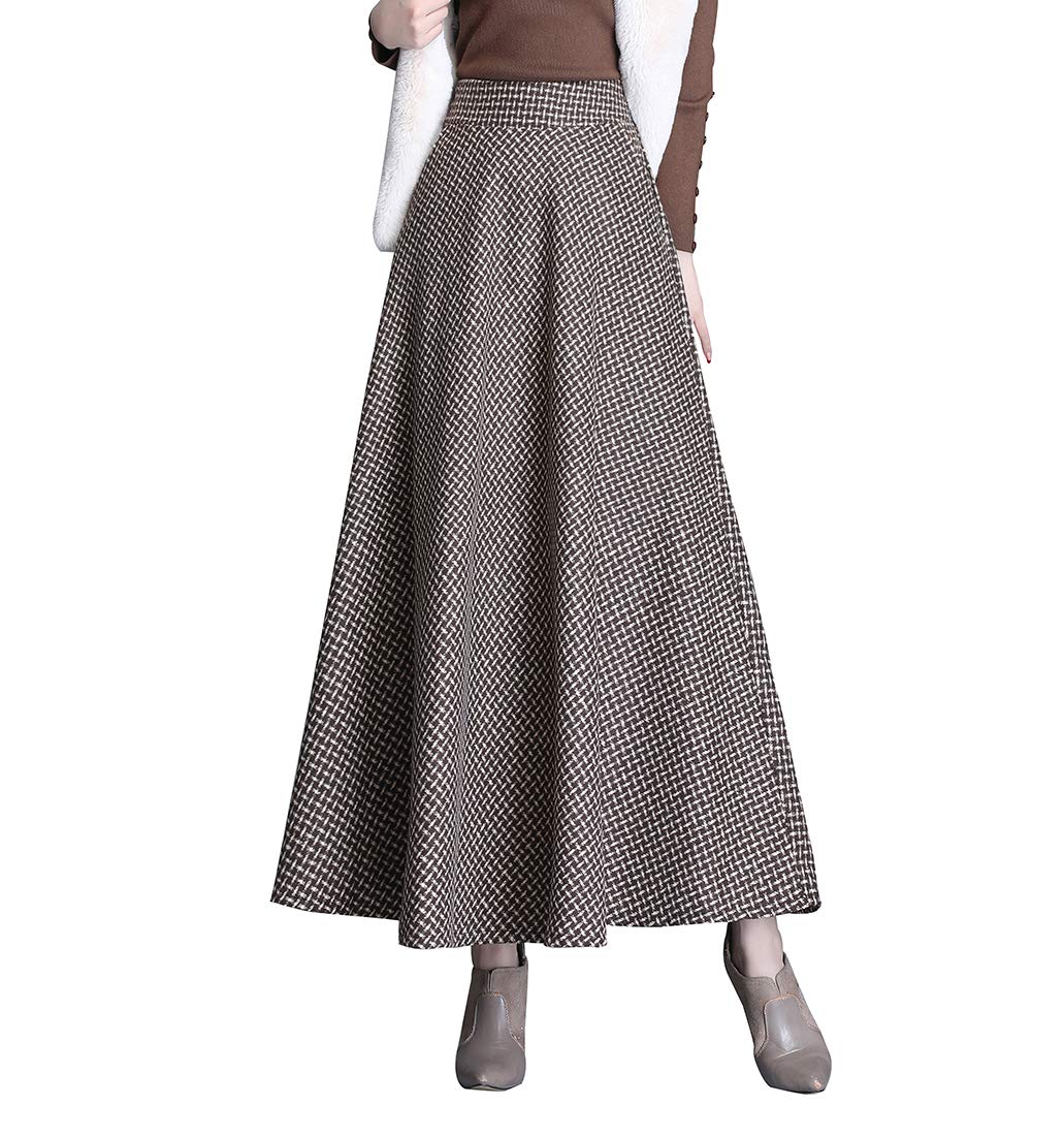 Artykey Damska zimowa długa spódnica w pepitkę elegancka wysoka talia ciepła wełna elastyczna talia maxi plisowana spódnica S-3XL