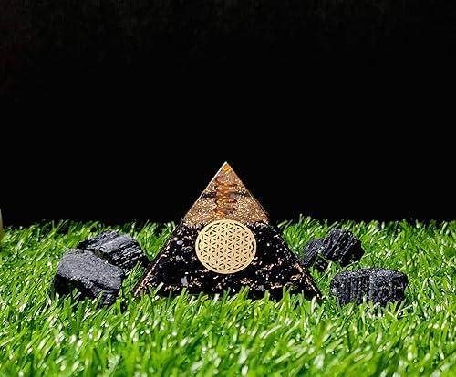 Miniatura 2 de Combo de pirámide de cristal orgón de turmalina negra con símbolo de flor de la vida y 4 piezas de turmalina negra natural en bruto para generador